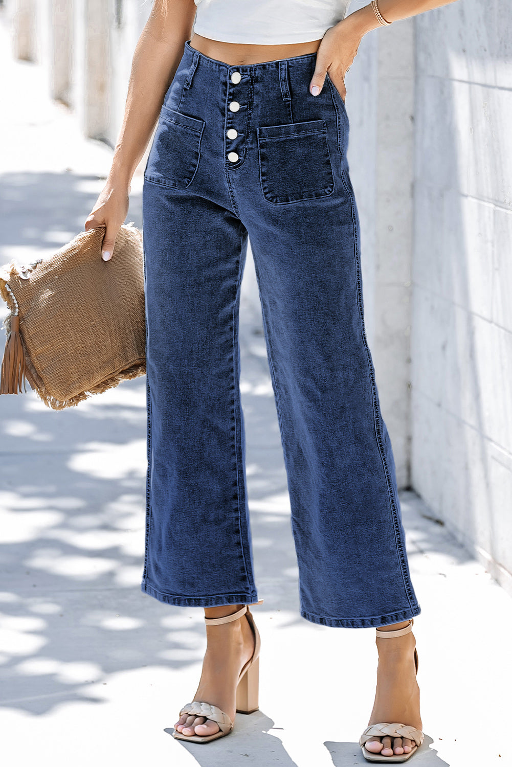 High Waist Button Front Wide Leg Cropped Jeans