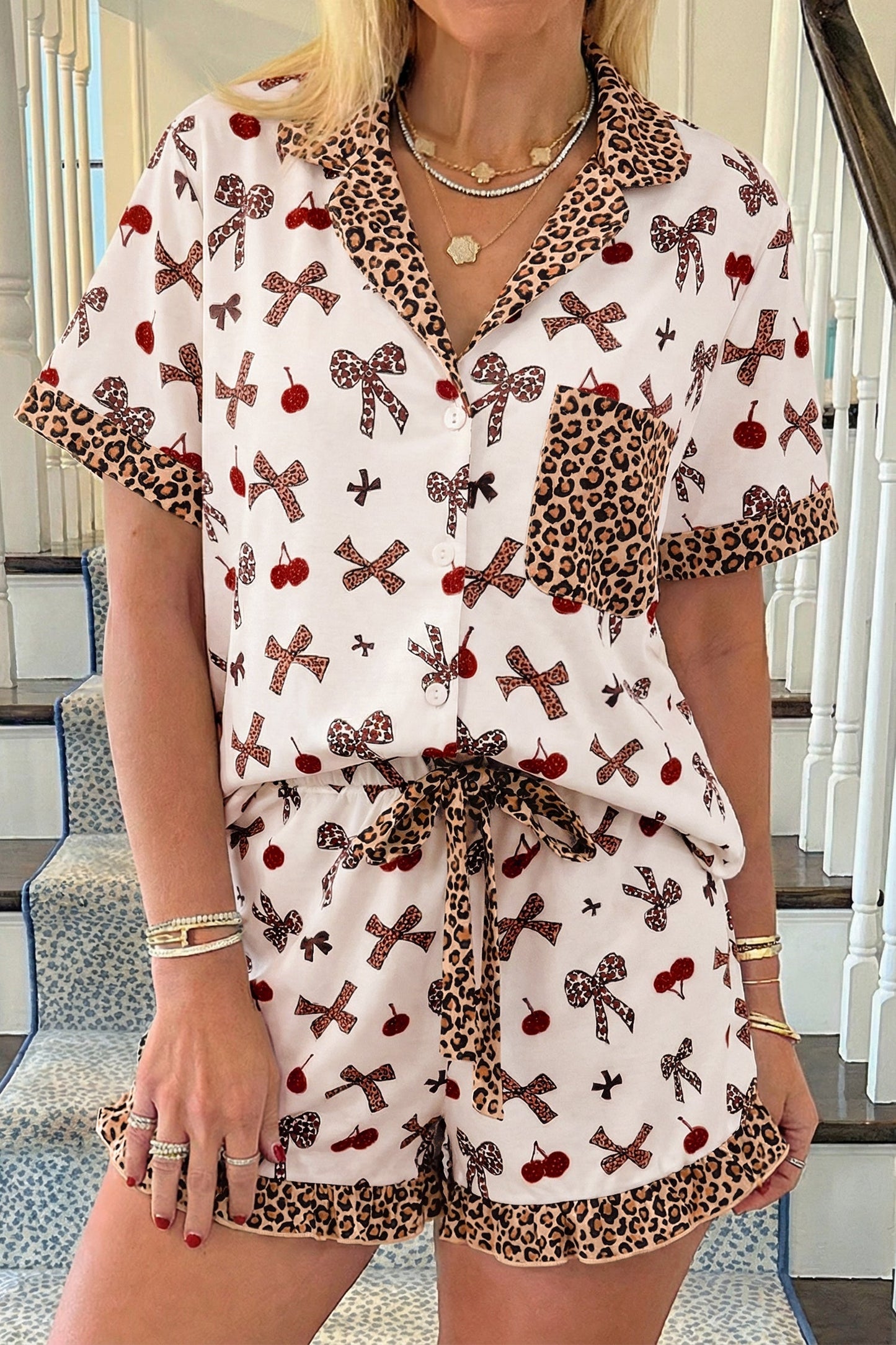 Cherry Printed Leopard Contrast  PJ Set