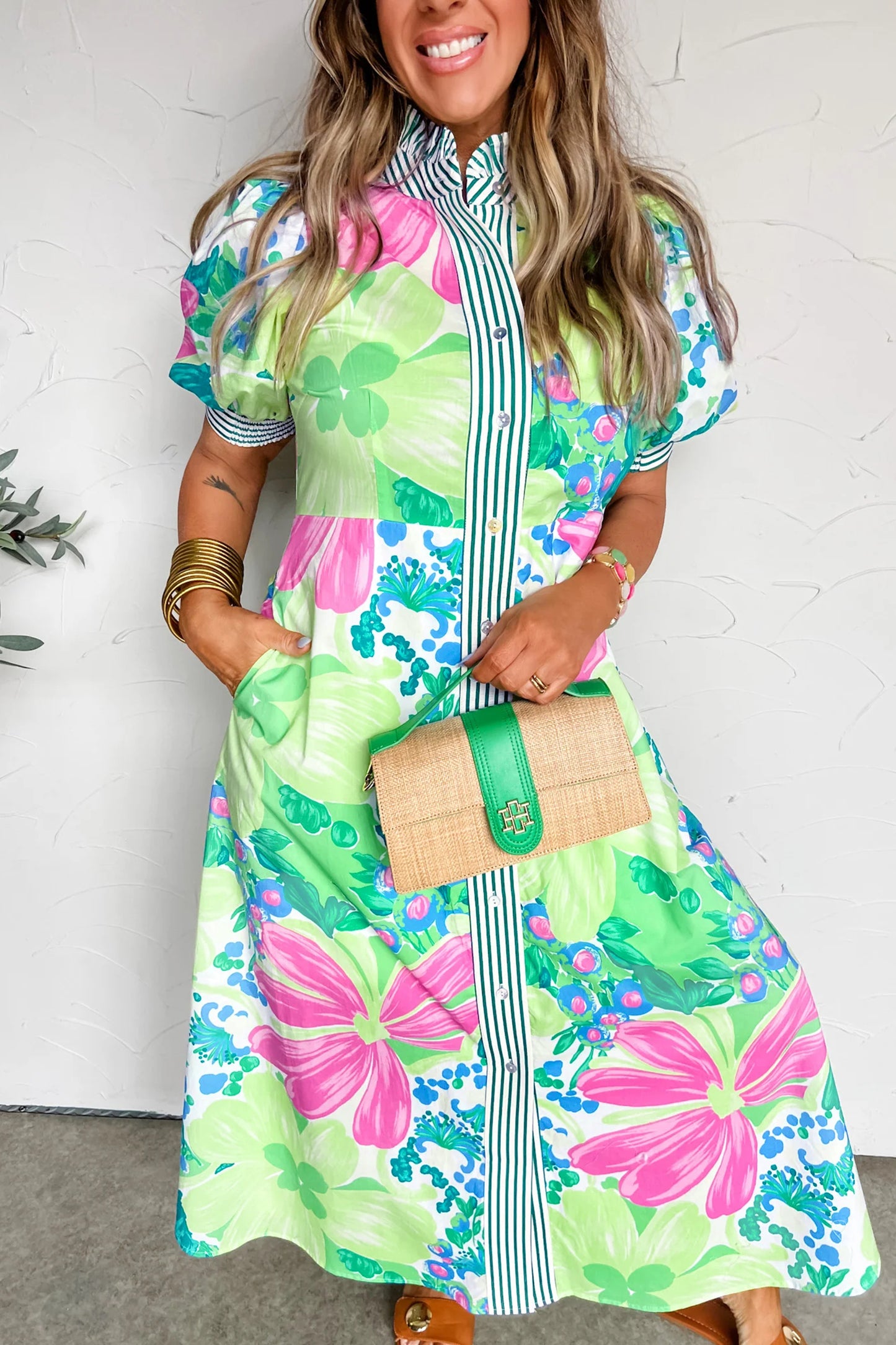 Floral Print Striped Trim Button Down Short Sleeve Vacation Dress