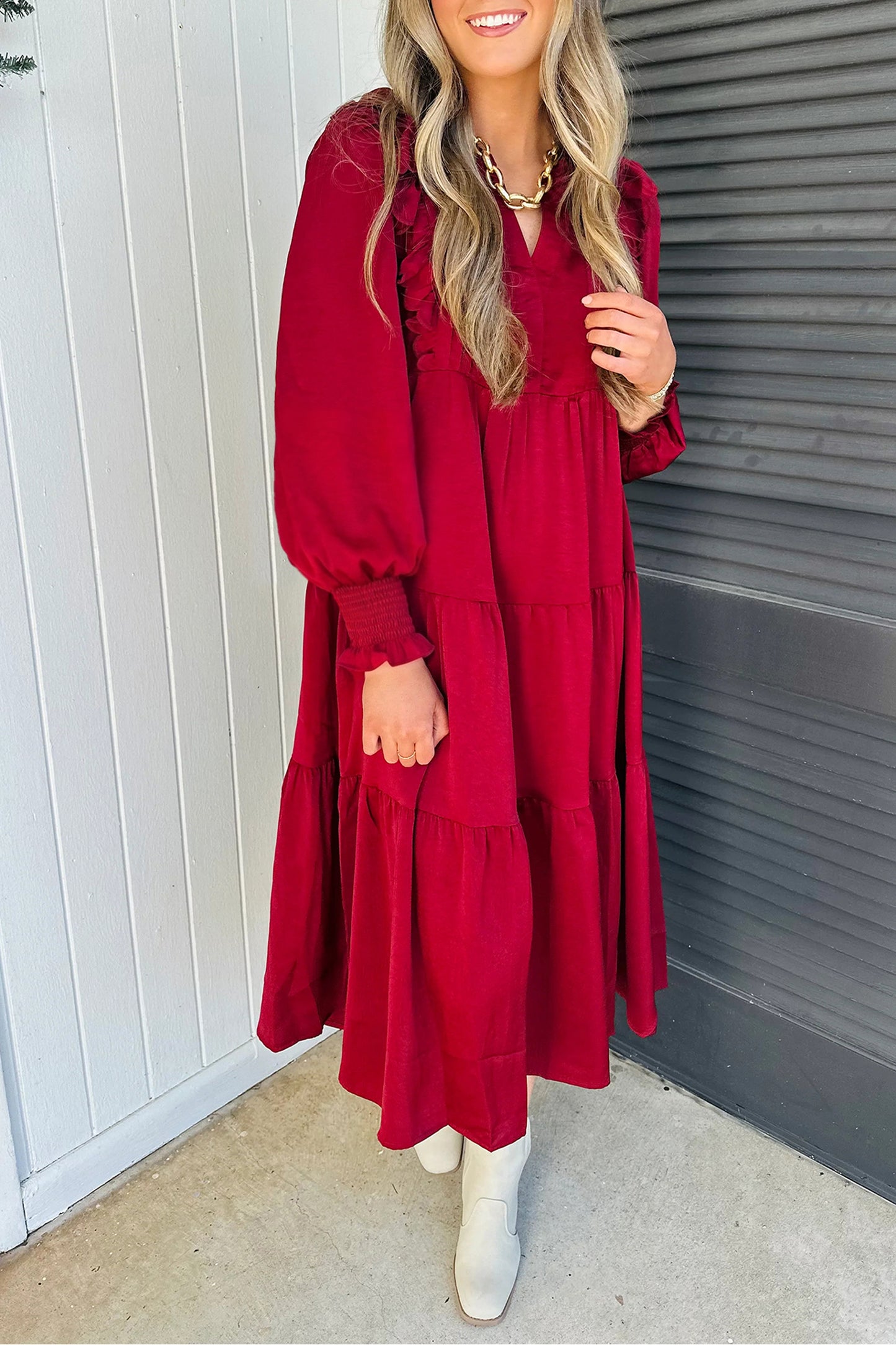 Ruffle Trim Long Sleeve Tiered Shift Midi Dress