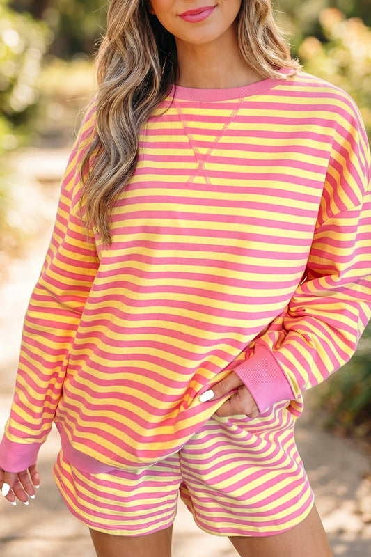 Yellow Stripe Color Block Trim Round Neck Long Sleeve Top Casual Shorts 2pcs Set