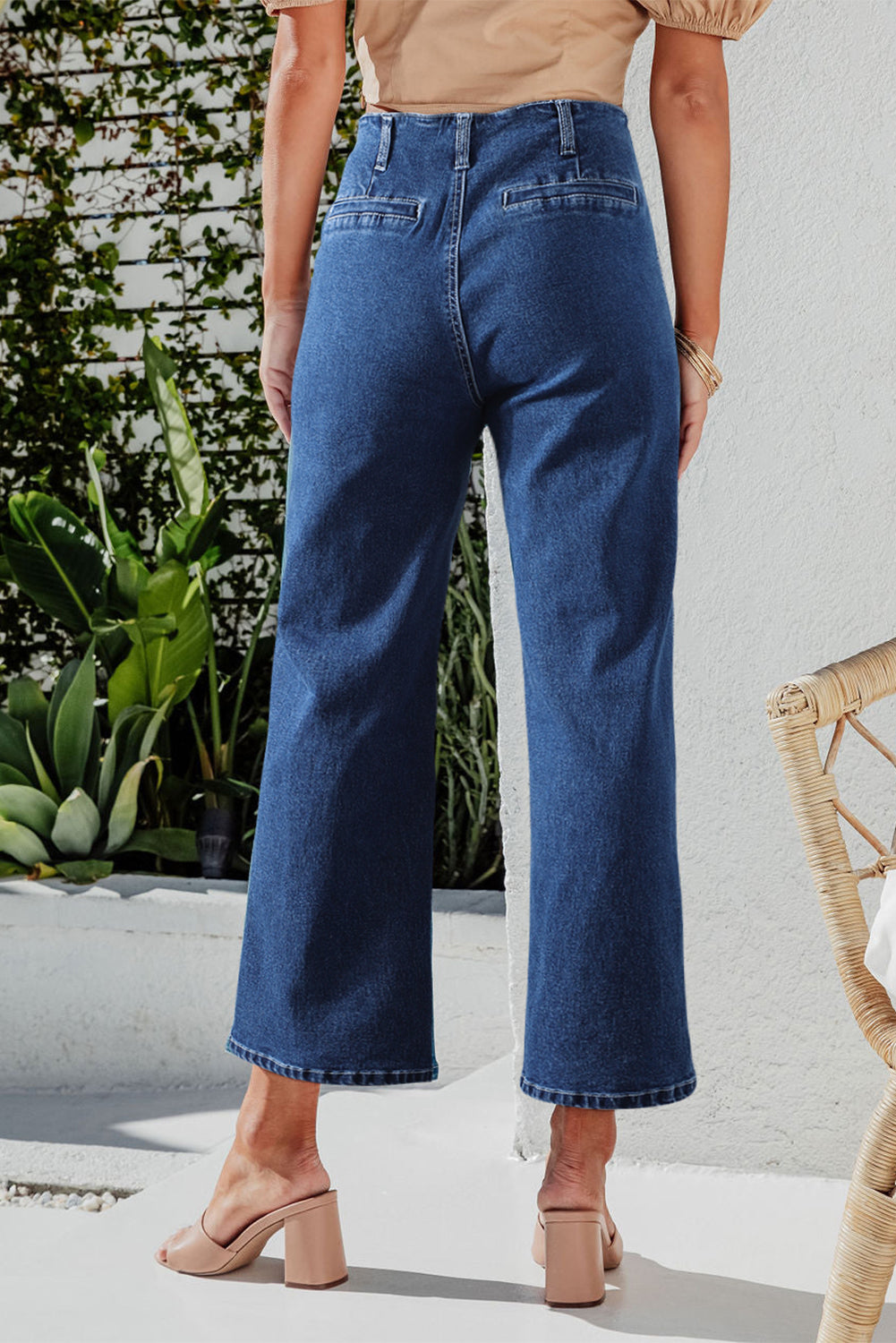 High Waist Button Front Wide Leg Cropped Jeans