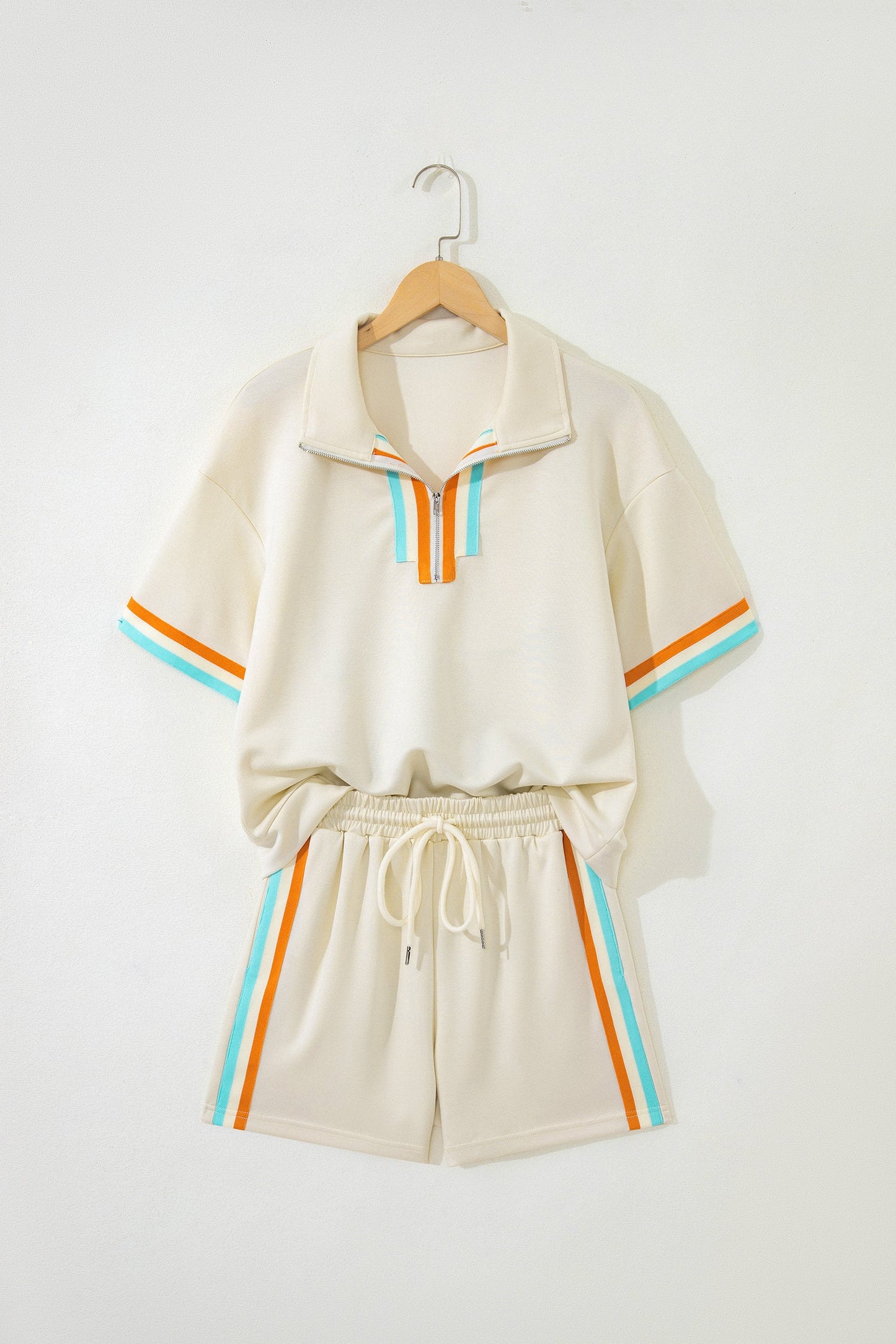Apricot Colorful Striped Detail Half Zip Polo Tee Loose Shorts Set