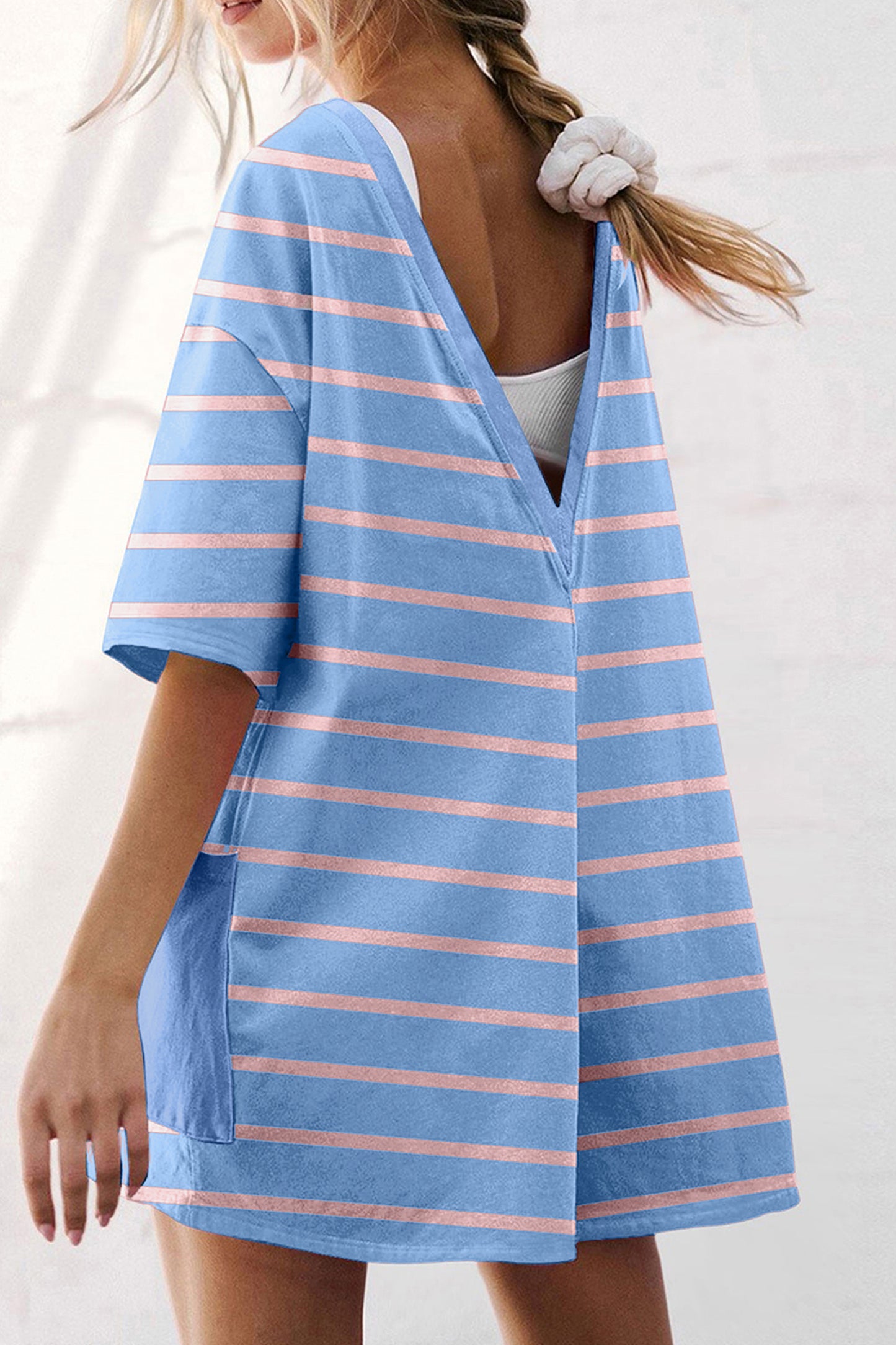 Sky Blue Stripe V Neck Reversible Loose Romper