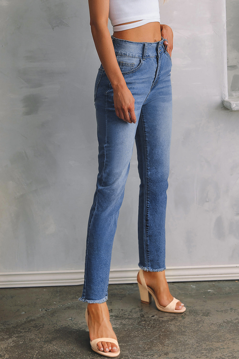 Double Button Raw Hem Slim Fit Jeans