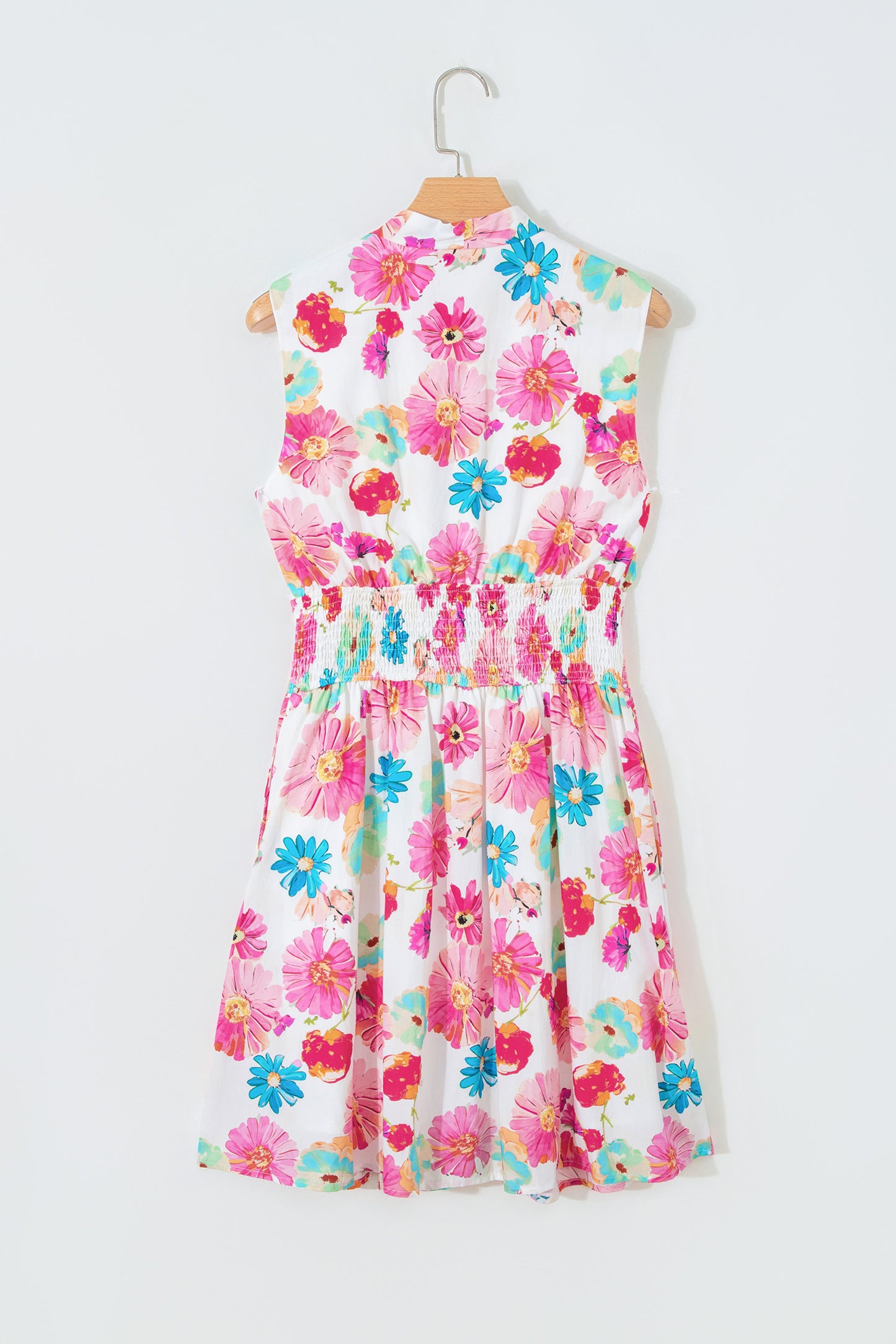Floral Print V Neck Zip Up Smocked Waist Flared Mini Dress