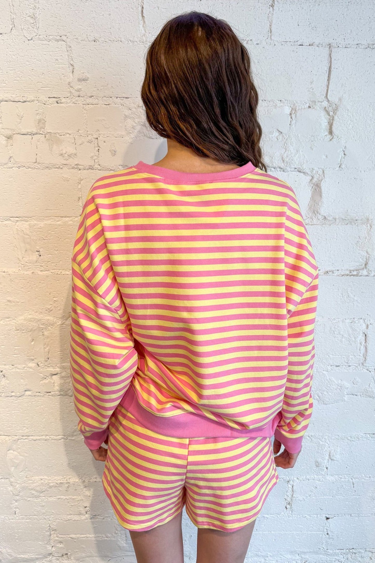 Yellow Stripe Color Block Trim Round Neck Long Sleeve Top Casual Shorts 2pcs Set