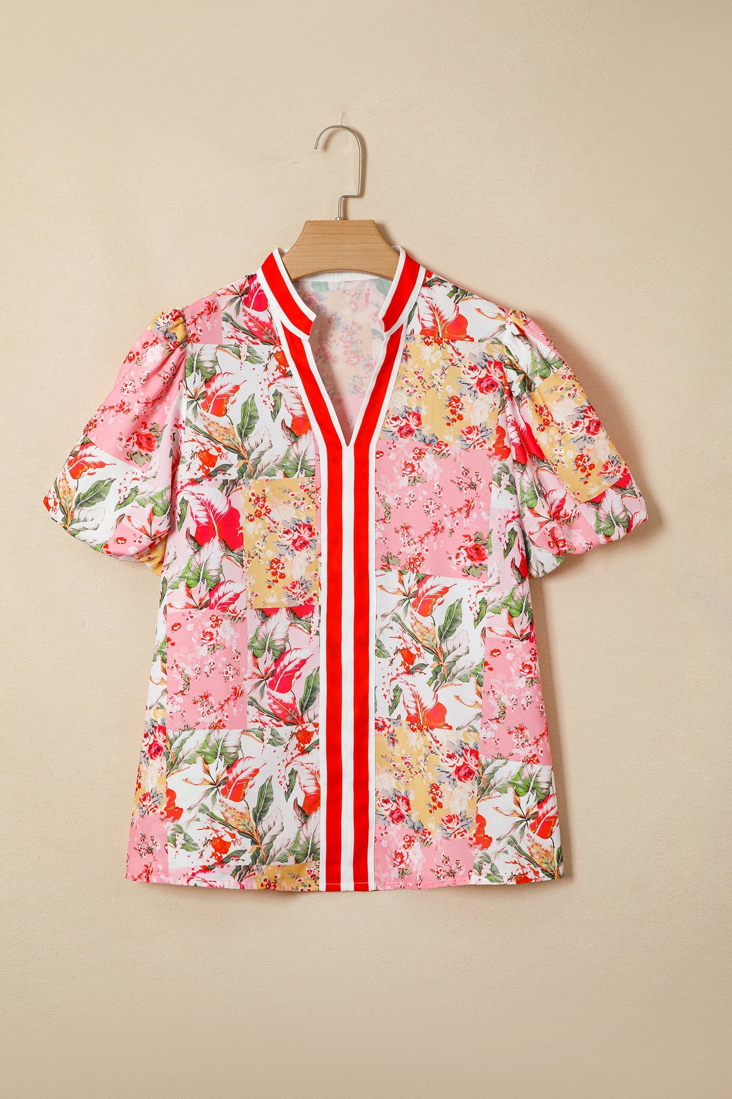 Pink Contrast Collared V Neck Floral Blouse