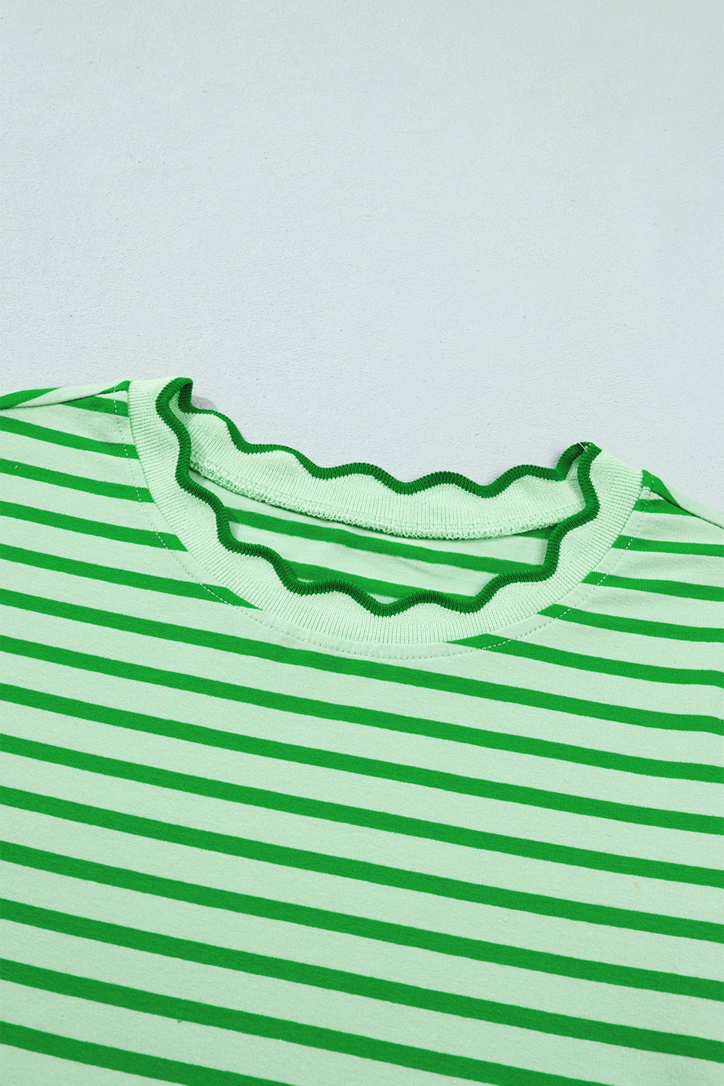 Green Stripe Scalloped Trim Round Neck T Shirt