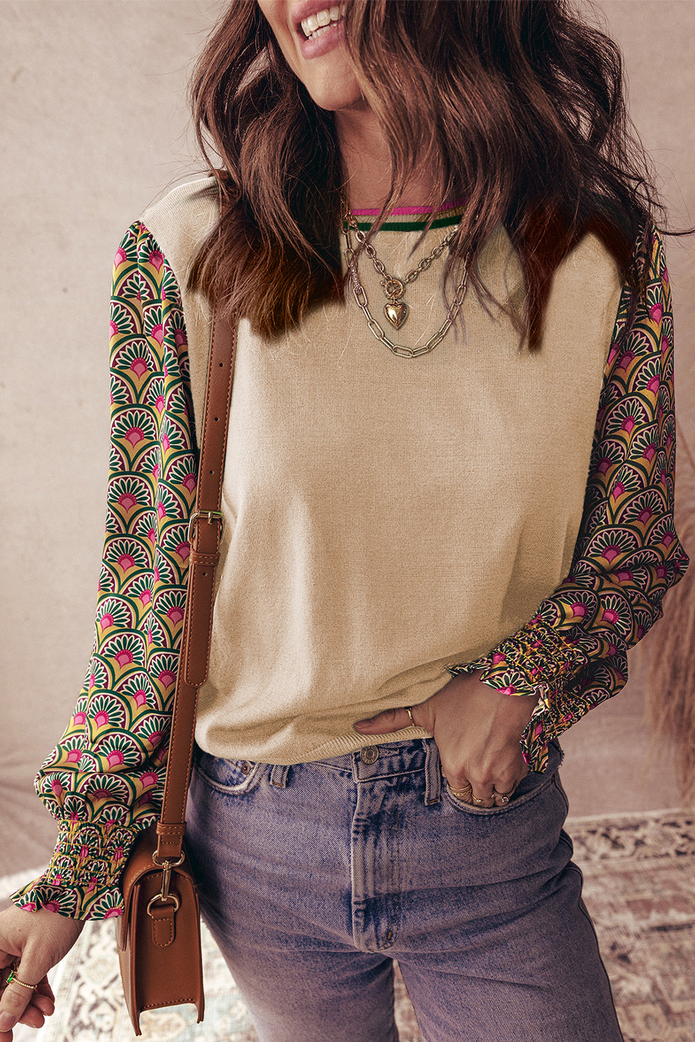 Blackish Green Floral Patchwork Shirred Cuff Puff Sleeve Sweater