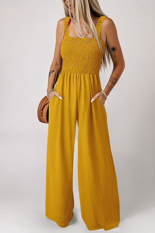 Smocked Sleeveless Wide Leg Jumpsuit with Pockets