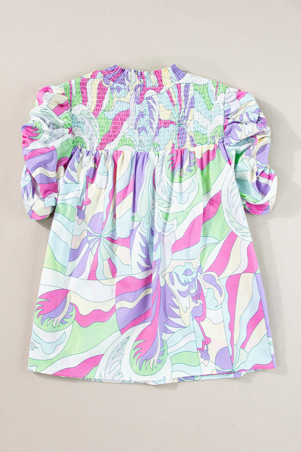 Abstract Print Bubble Sleeve Smock Detail Blouse