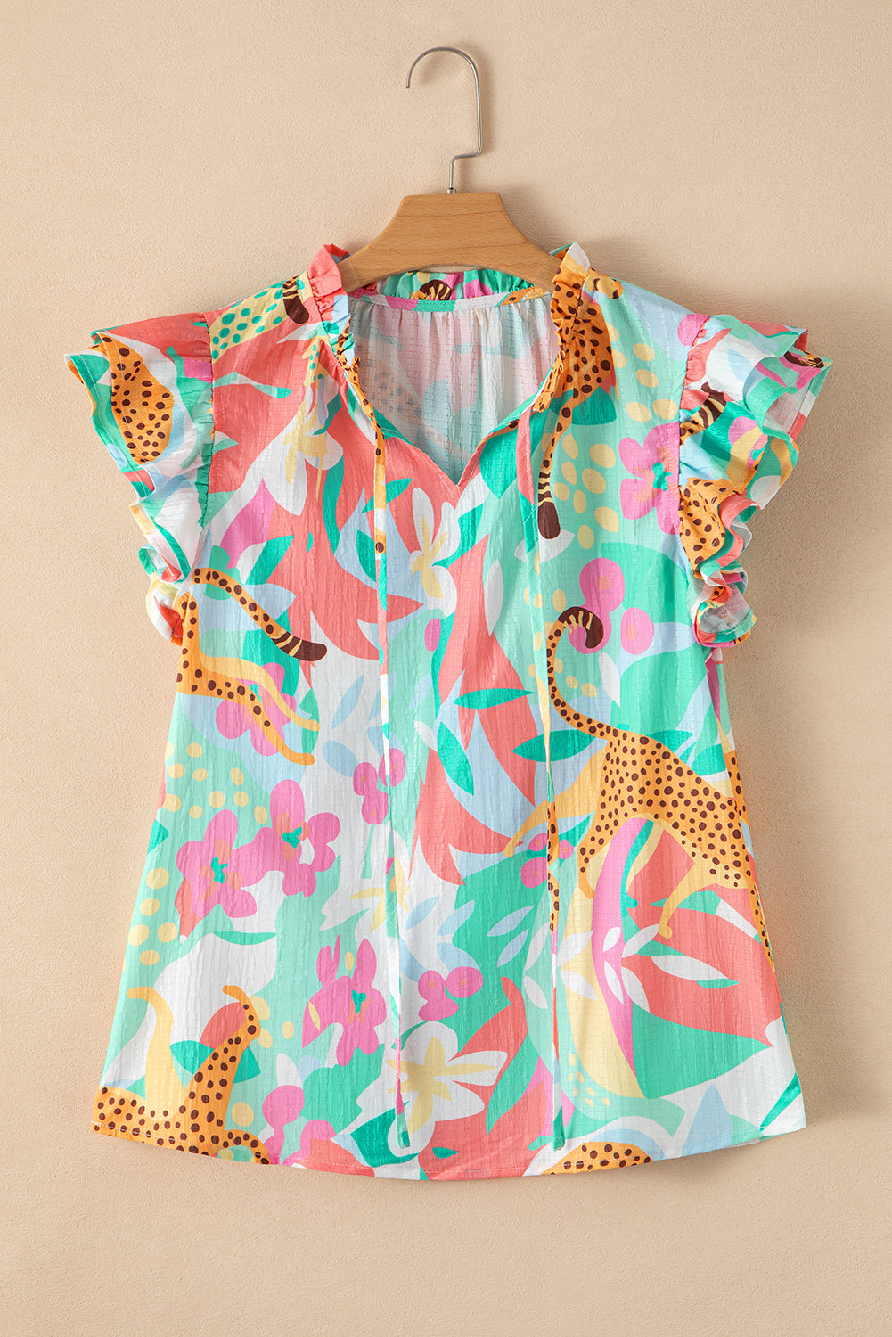 Frilly Ruffle Tie Split Neck Summer Floral Blouse