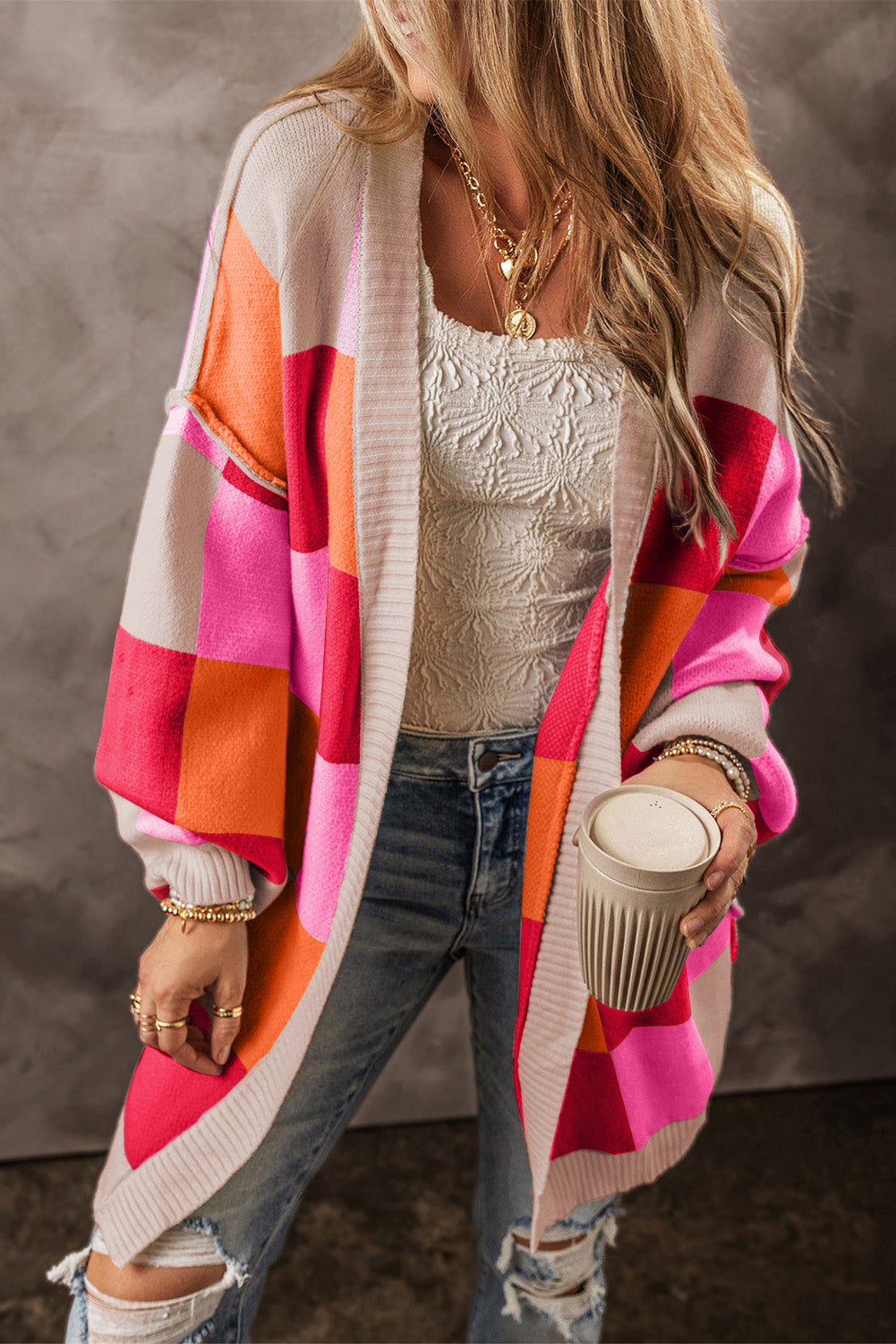 Checkered Drop Shoulder Exposed Seam Cardigan