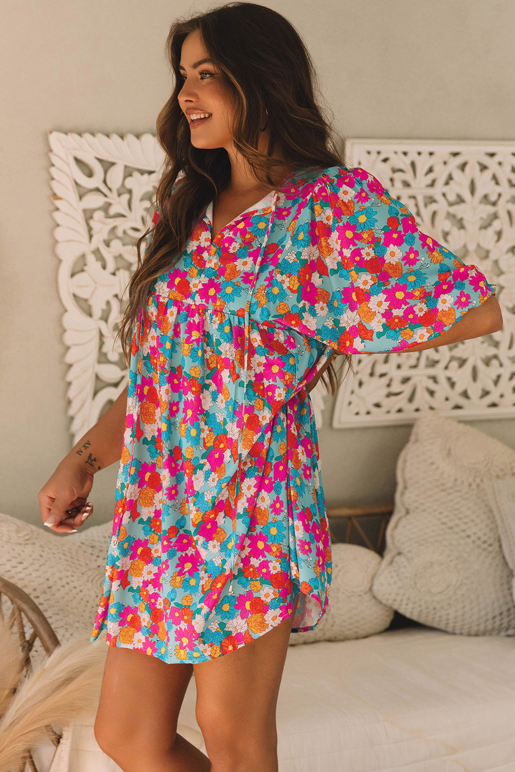 Floral Print Tie Babydoll Dress