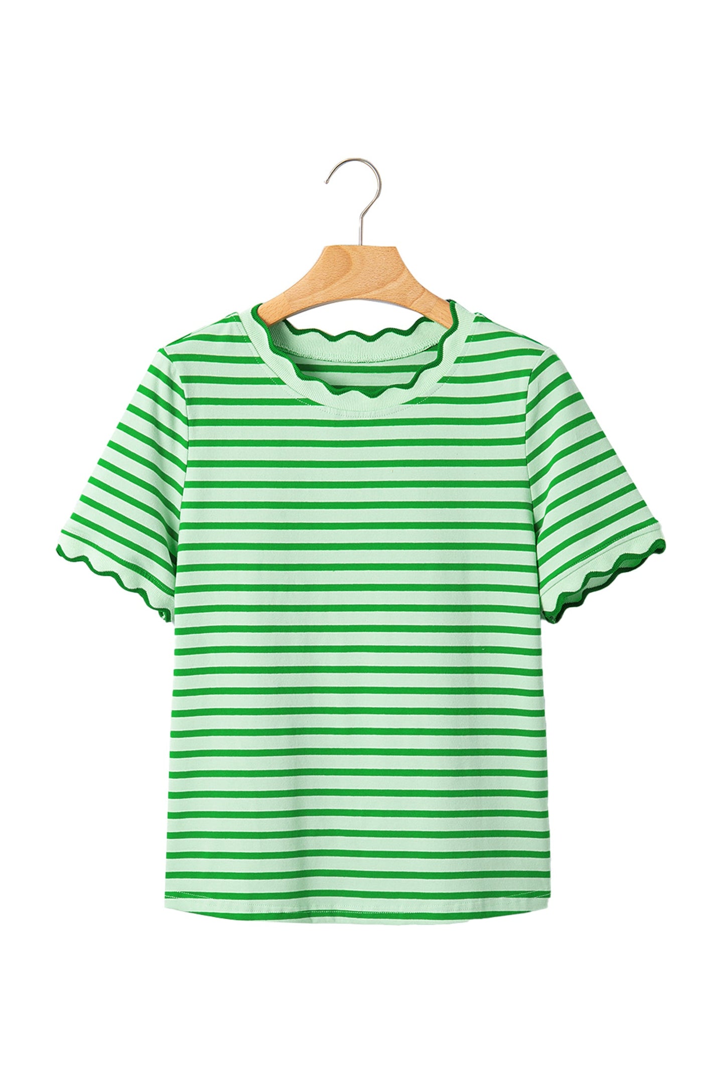 Green Stripe Scalloped Trim Round Neck T Shirt