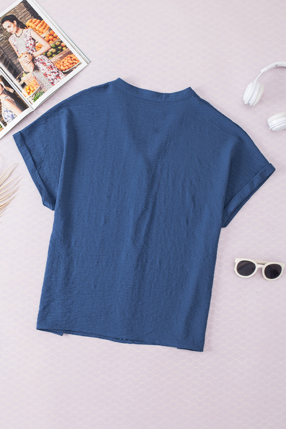 Notched Neck Batwing Sleeve Lightweight Blouse