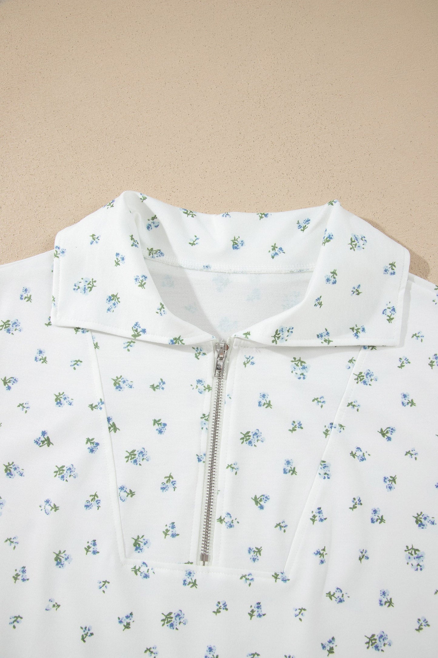 White Floral Print Half Zip Top Matching Short Set