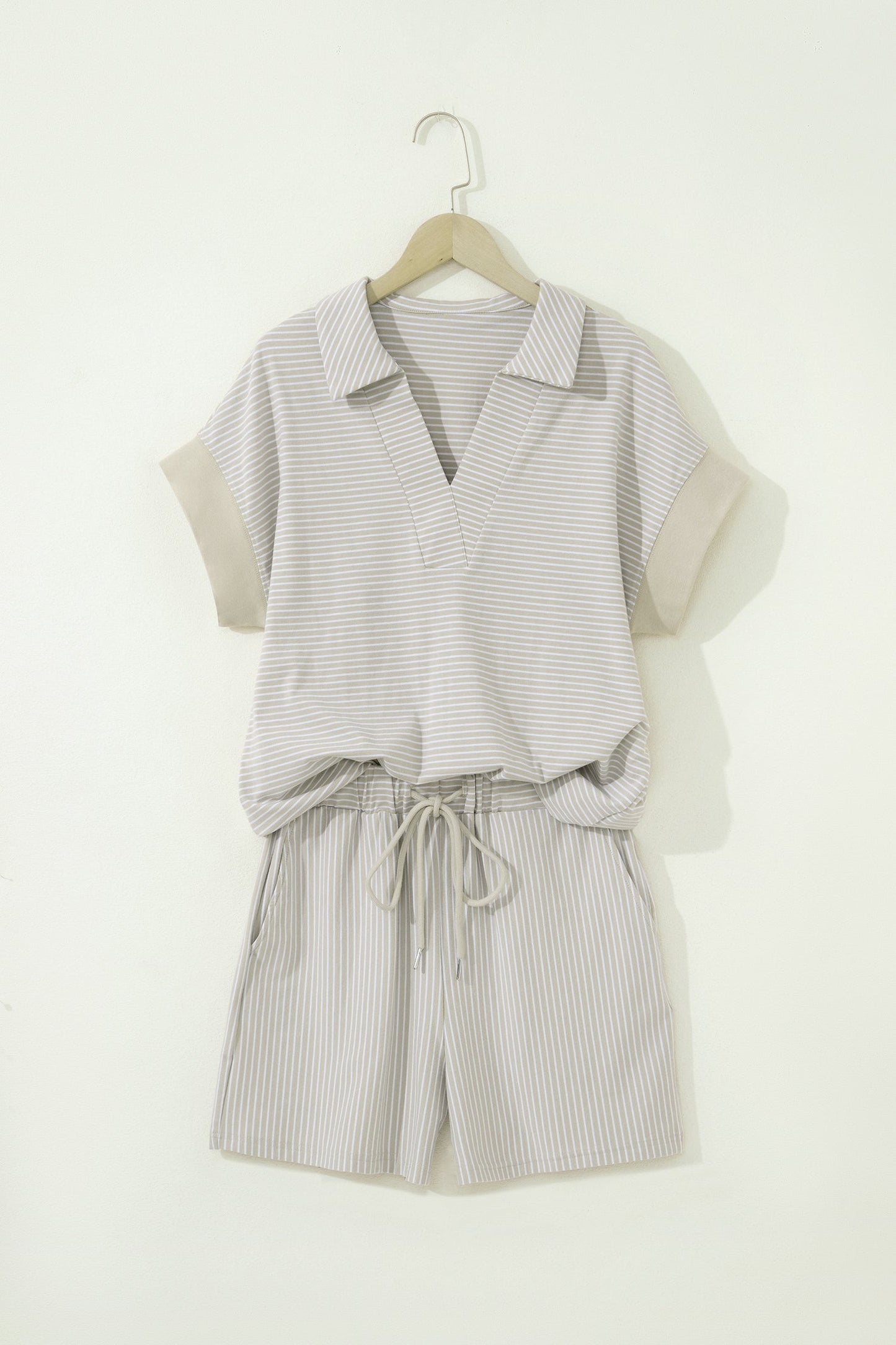 Khaki Stripe Dolman Sleeve Polo Shirt and Drawstring Shorts Set
