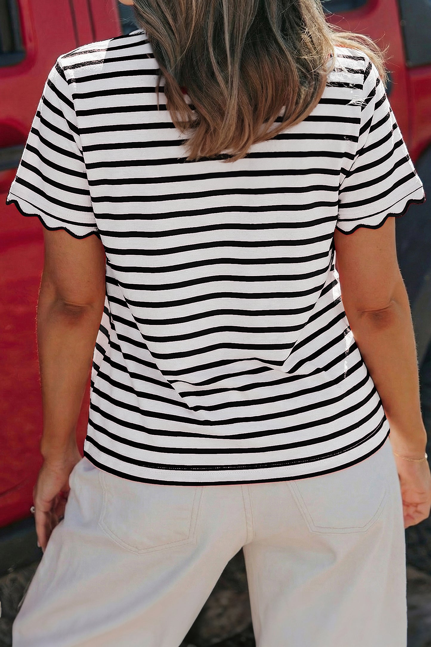 Pink Stripe Scalloped Trim Round Neck T Shirt