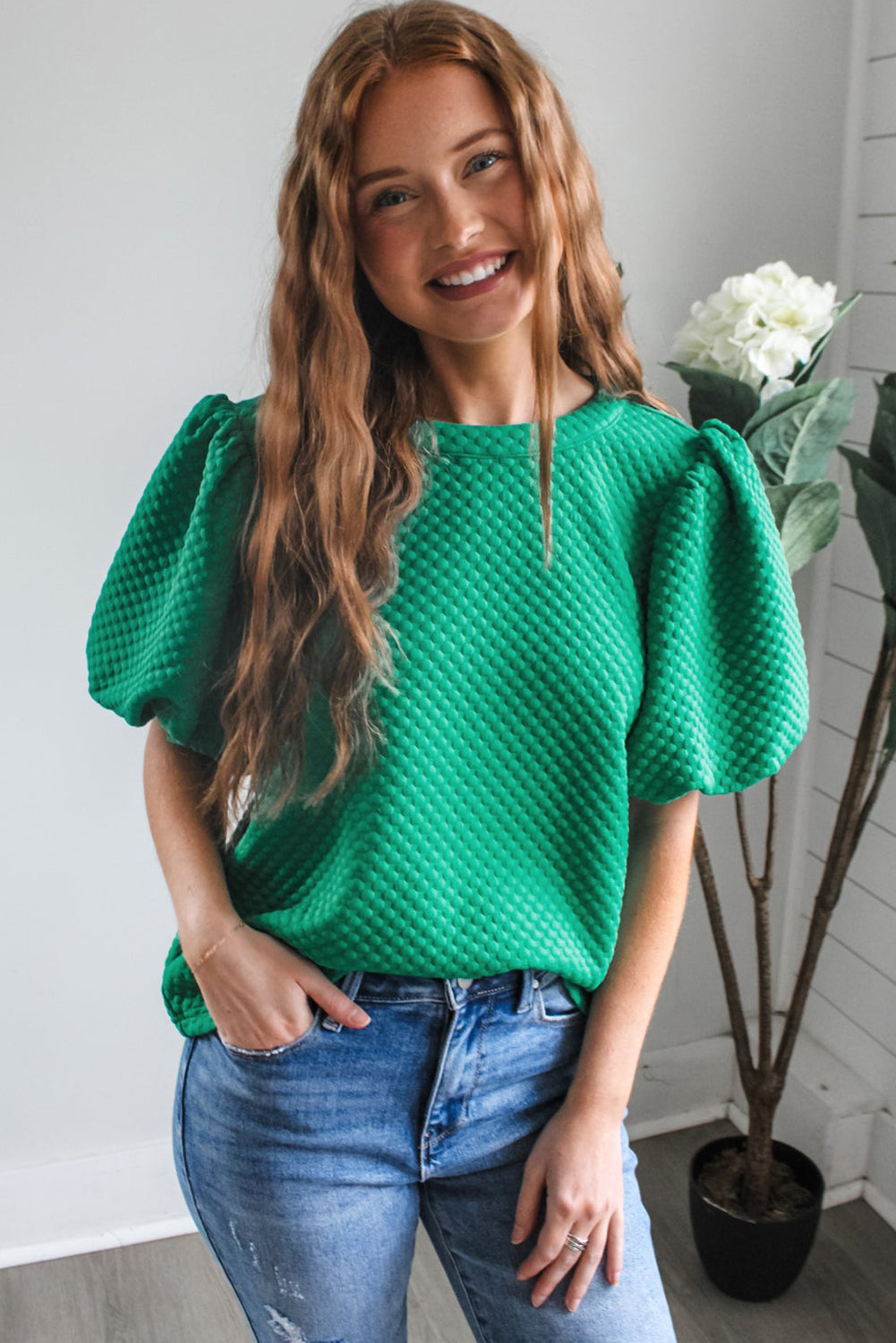 Sea Green Textured Puff Sleeve Blouse
