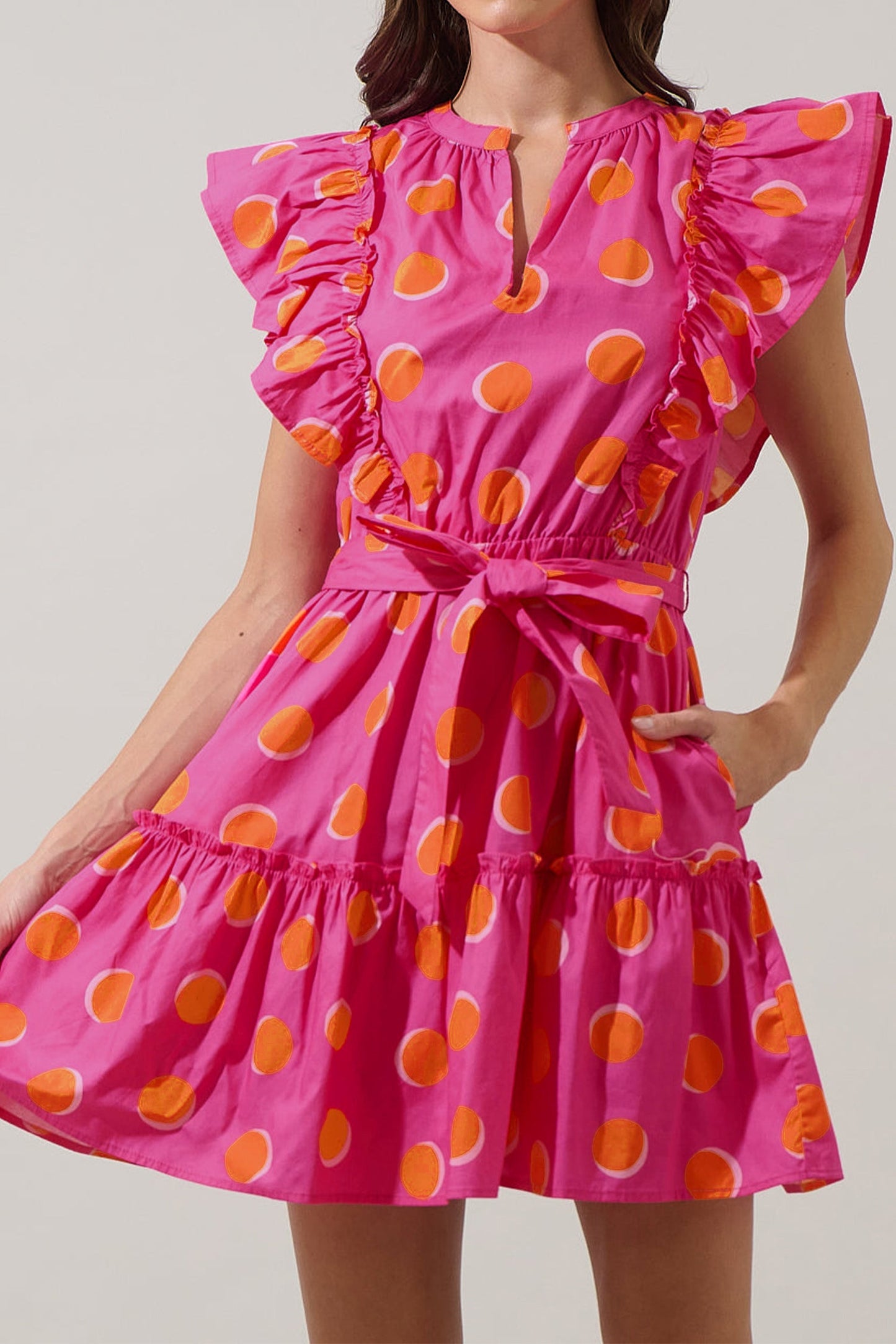 Rose Double Polka Dot V Neck Ruffled Short Sleeve Dress