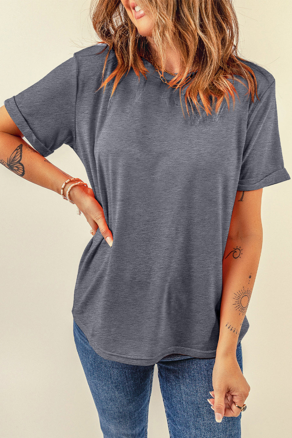 Dearlove Red Casual Plain Crew Neck Tee