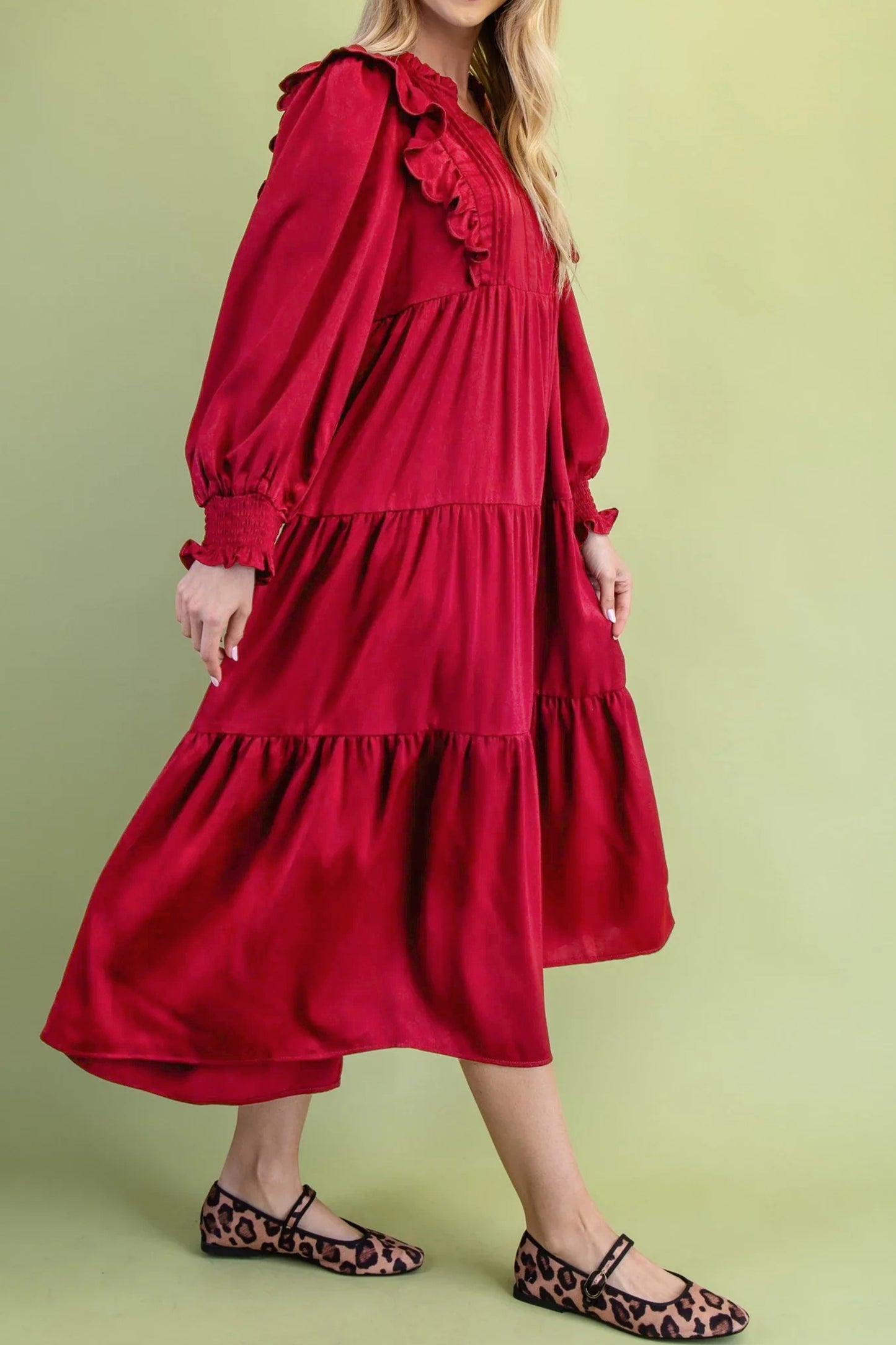 Ruffle Trim Long Sleeve Tiered Shift Midi Dress