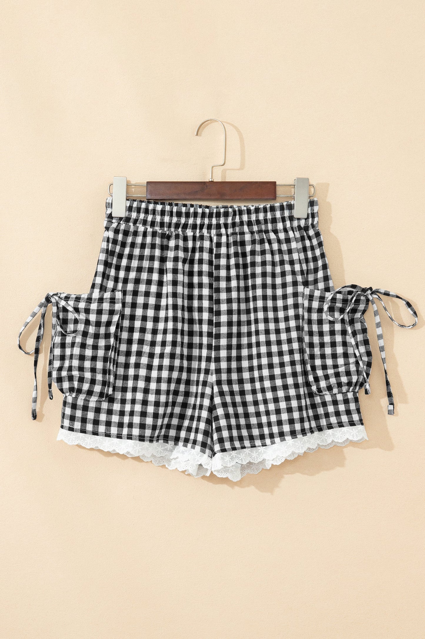 Black Gingham Lace Trim Shorts