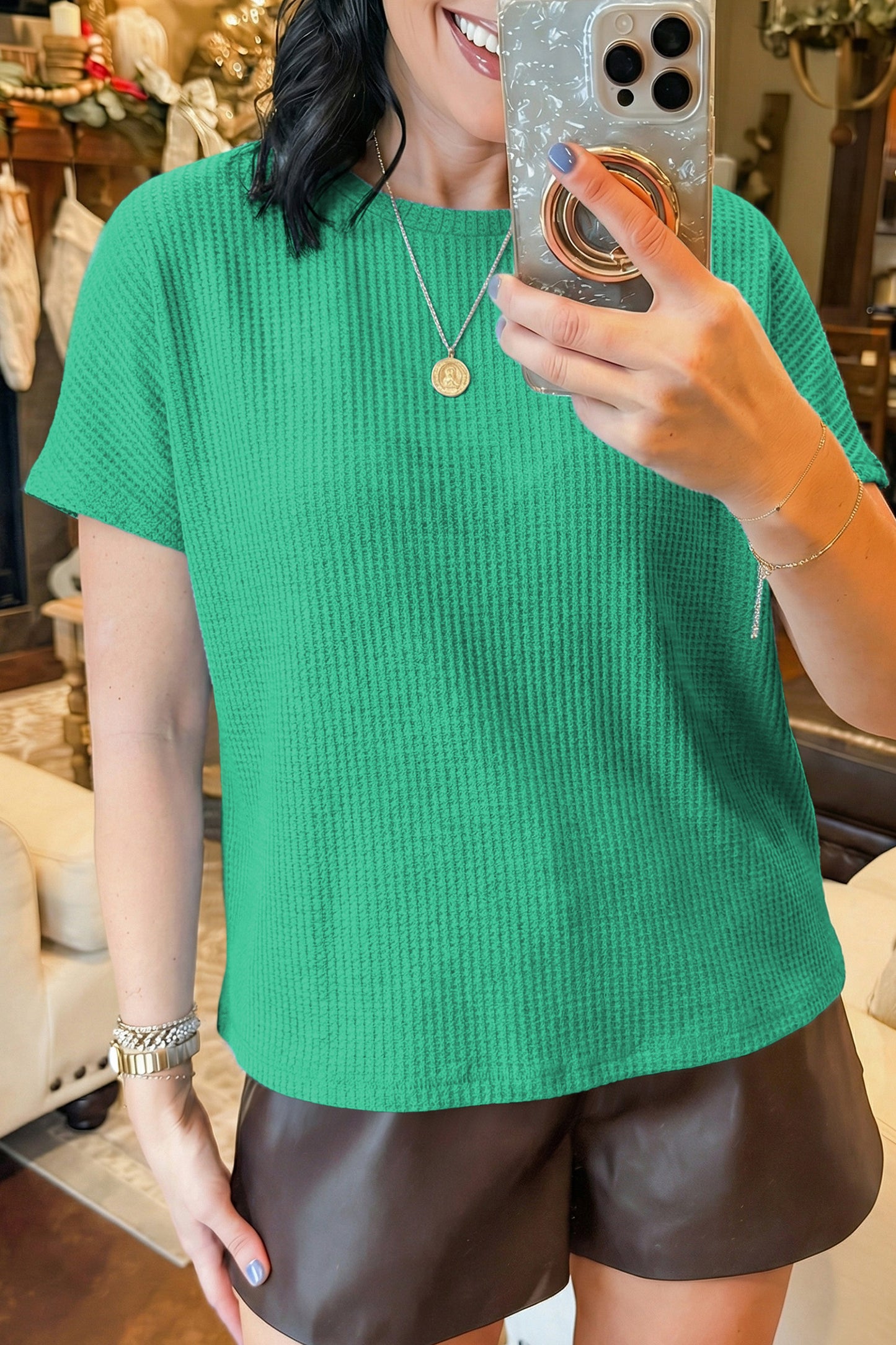 Waffle Textured Knit Dolman Short Sleeve Loose Top