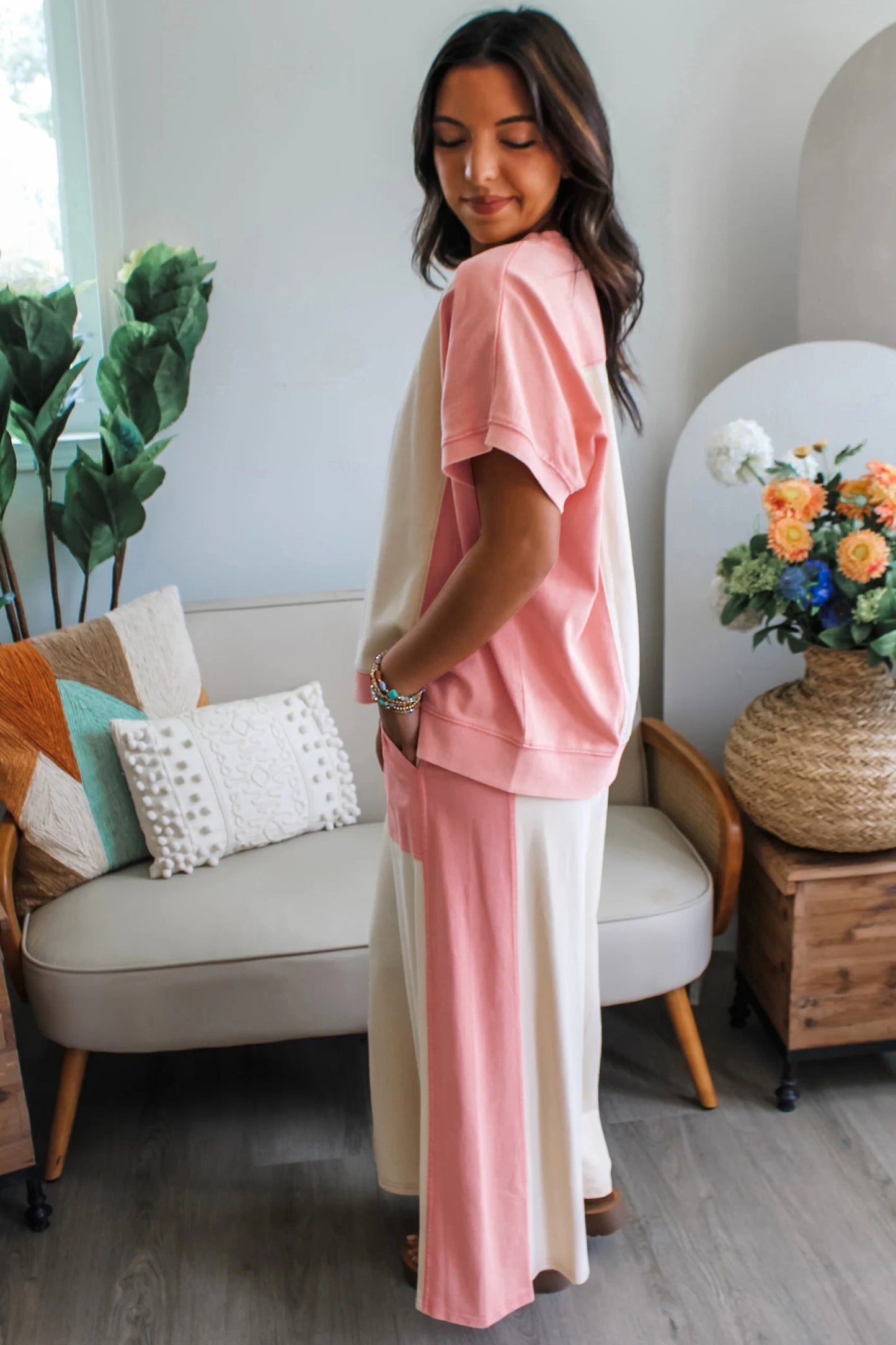 Two-tone Color Block Patchwork Pant Set