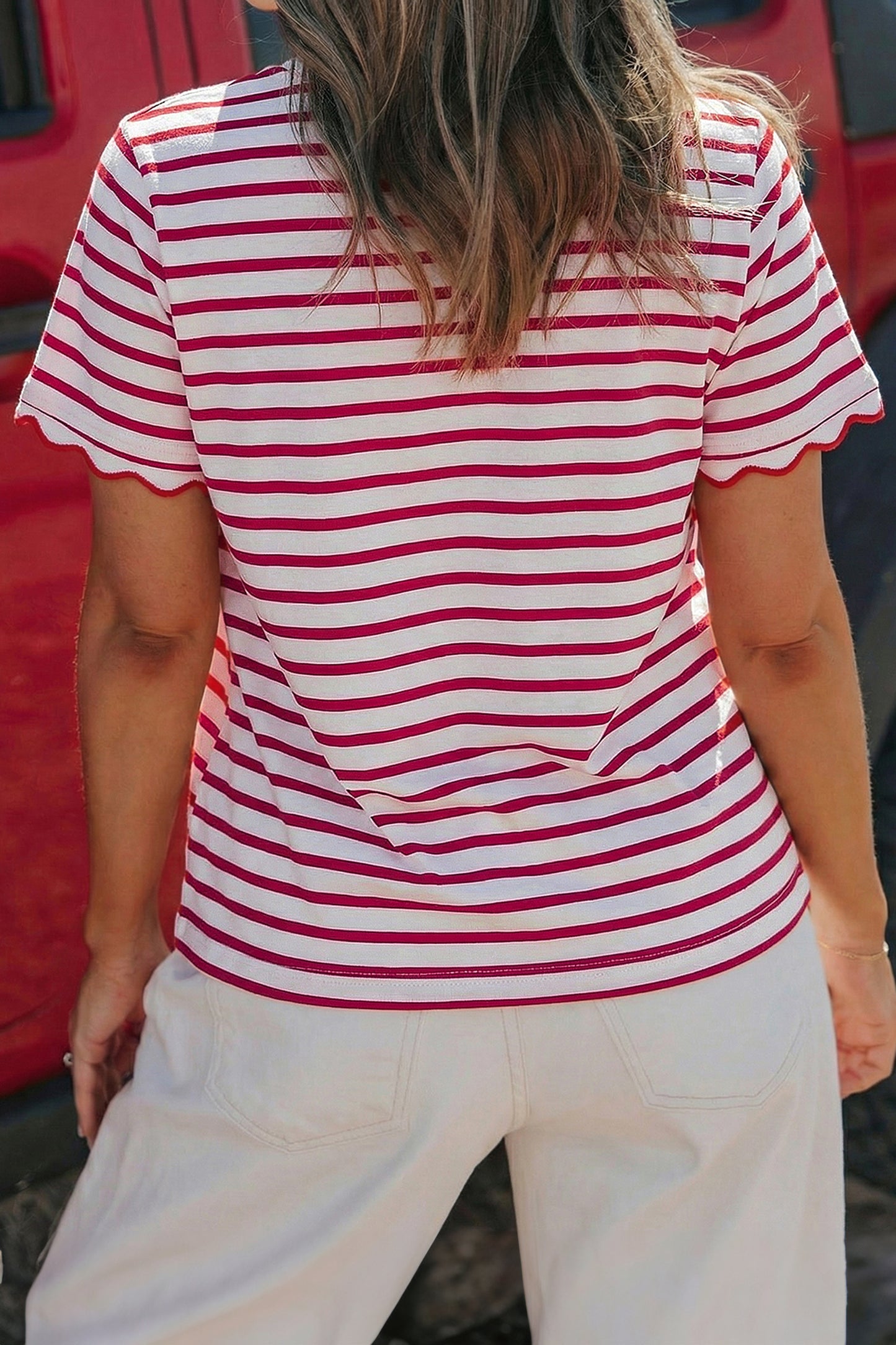 Pink Stripe Scalloped Trim Round Neck T Shirt