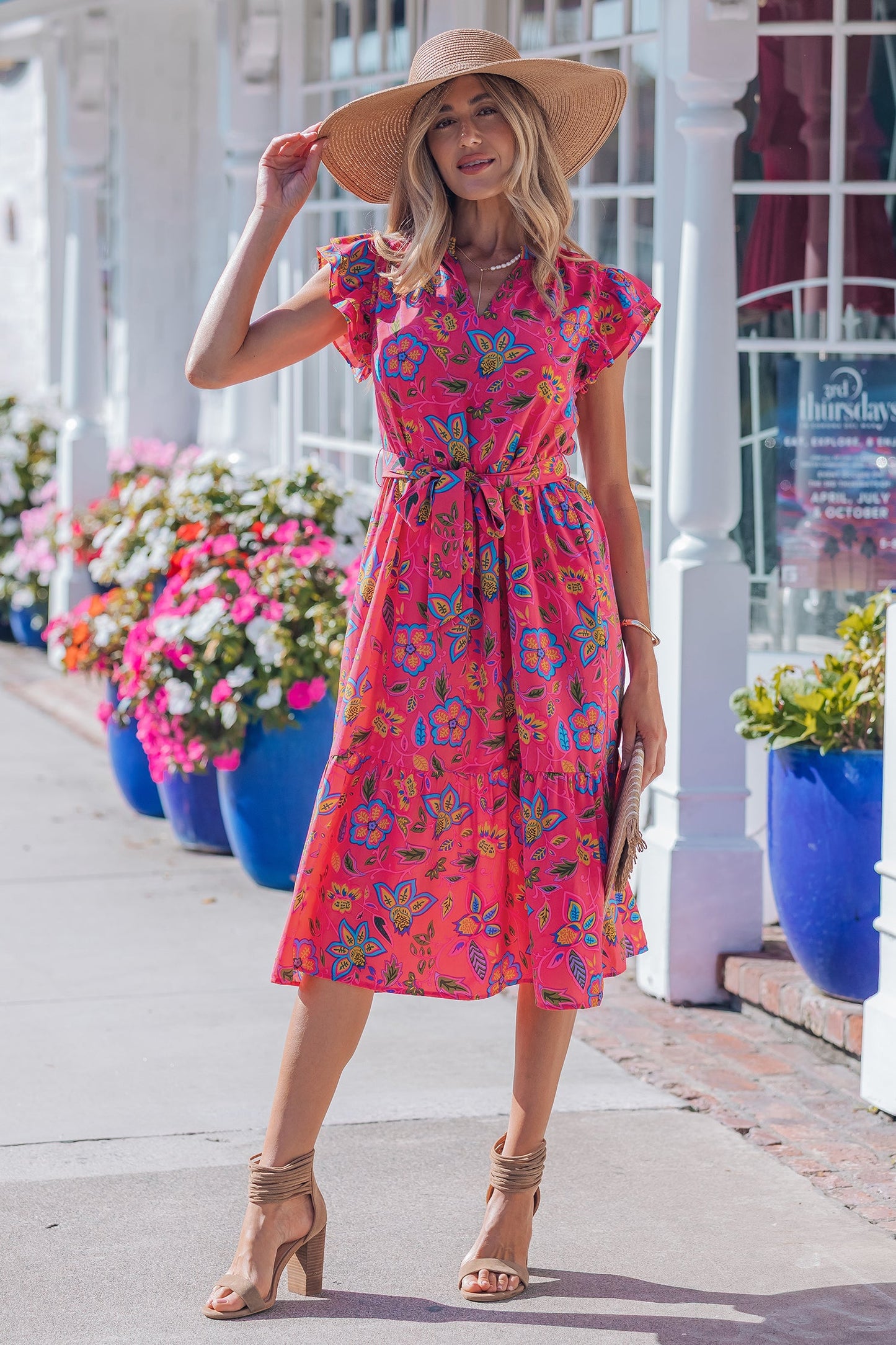 Rose Flutter Sleeve Belted Floral Dress