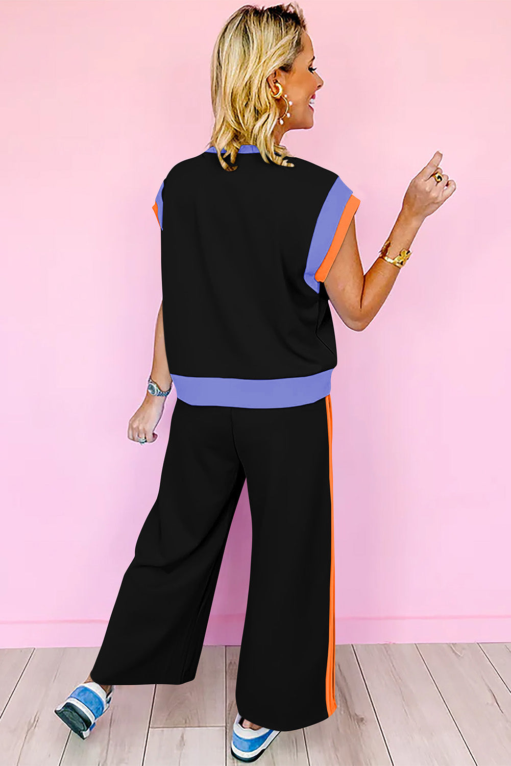 Sky Blue Color Block Detail Casual Two-piece Outfit