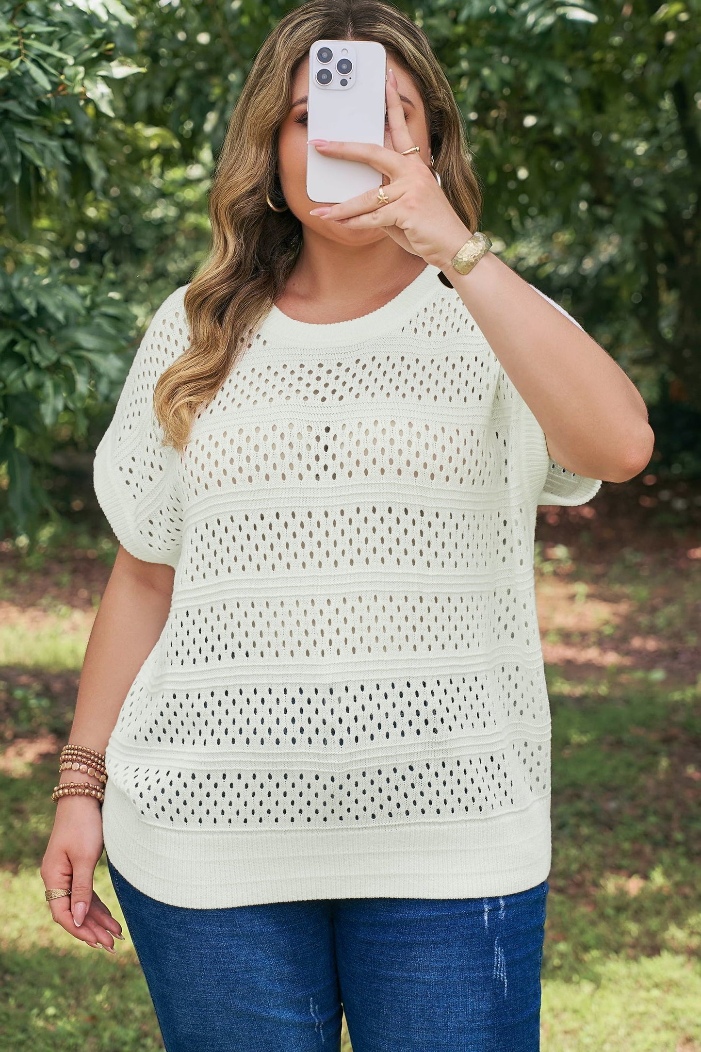 Eyelet Ribbed Trim Short Sleeve Dolman Sweater