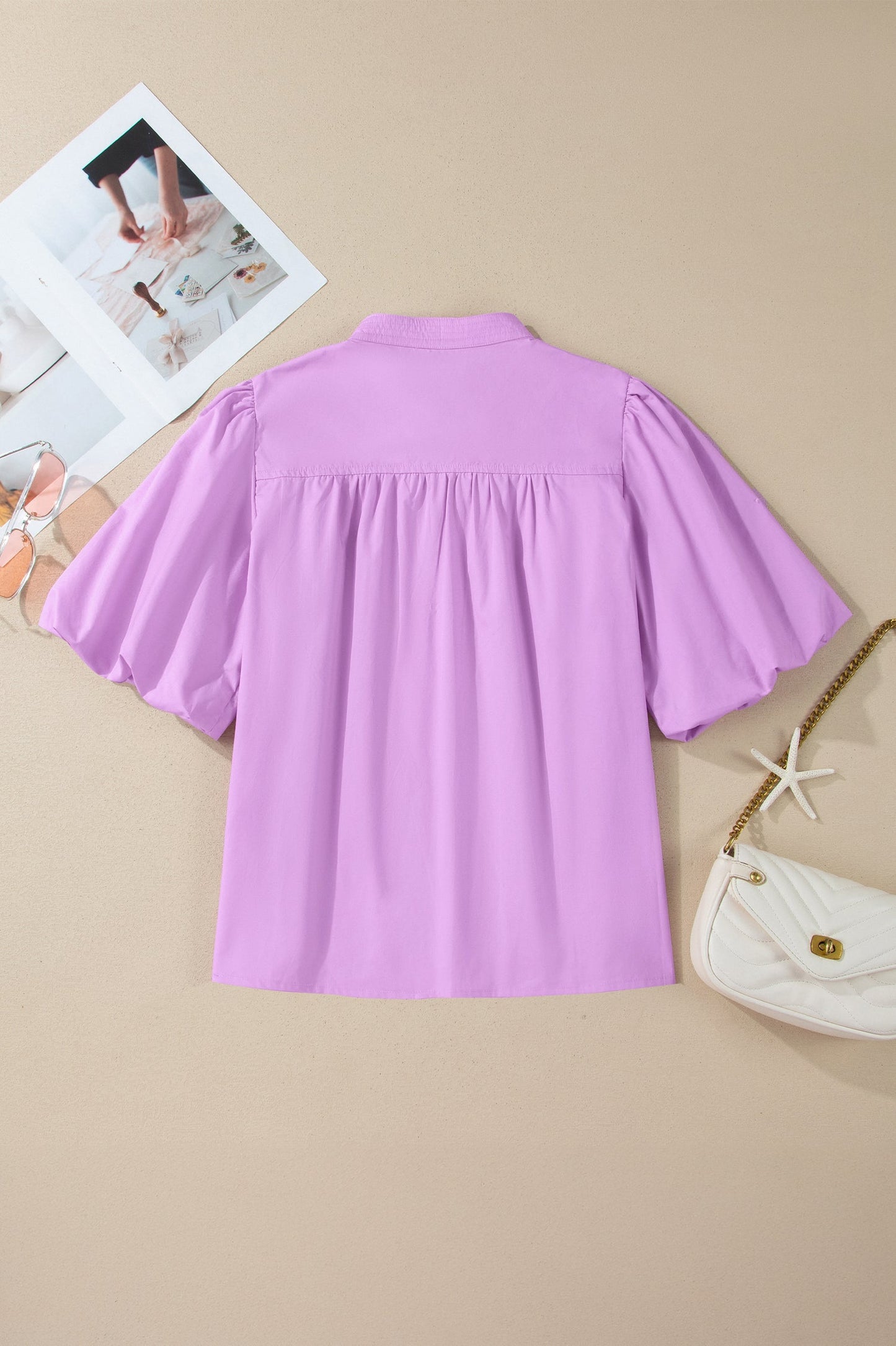 Stitched Detail Puffy Half Sleeve Blouse