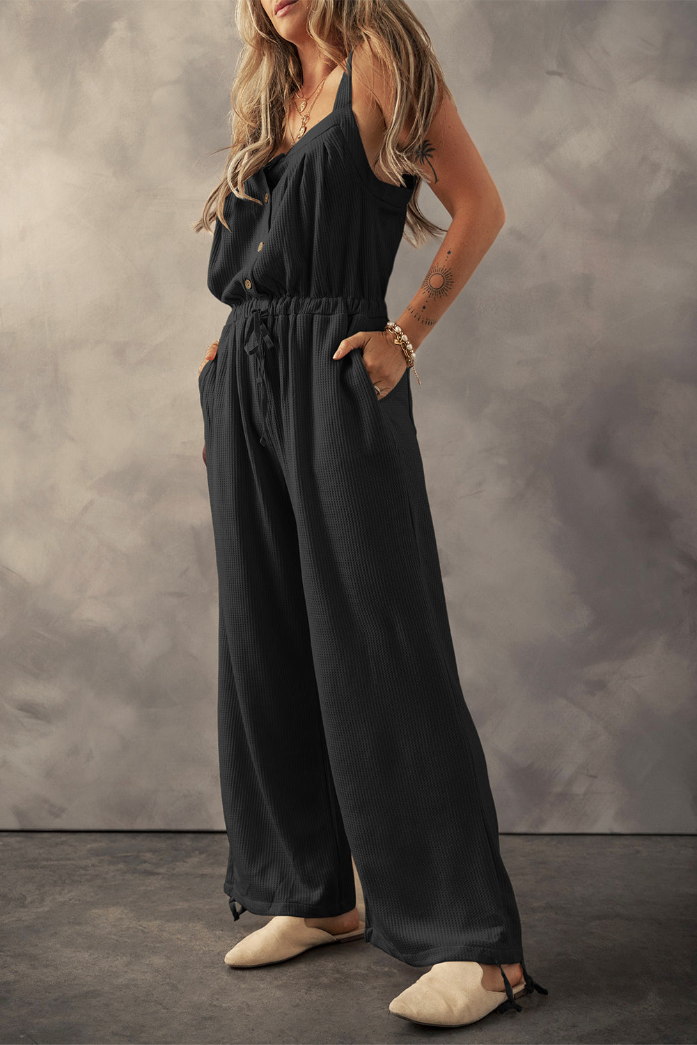 Black Textured Drawstring Jumpsuit