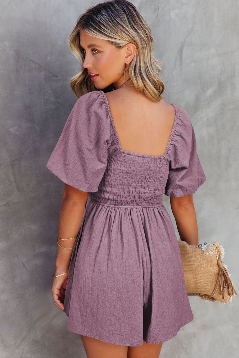 Ruched Puff Sleeve Romper