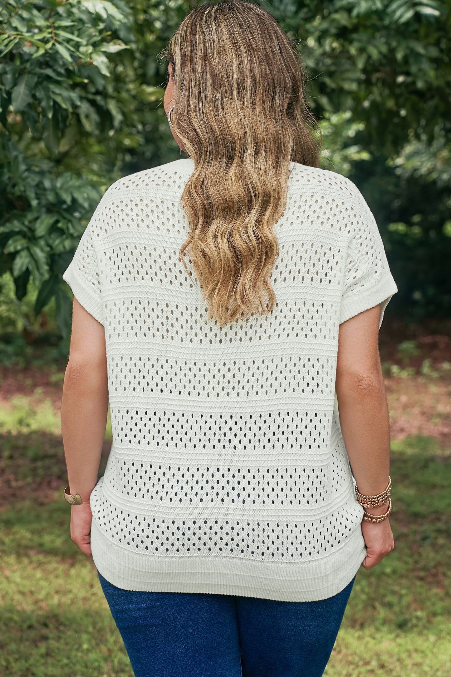 Eyelet Ribbed Trim Short Sleeve Dolman Sweater