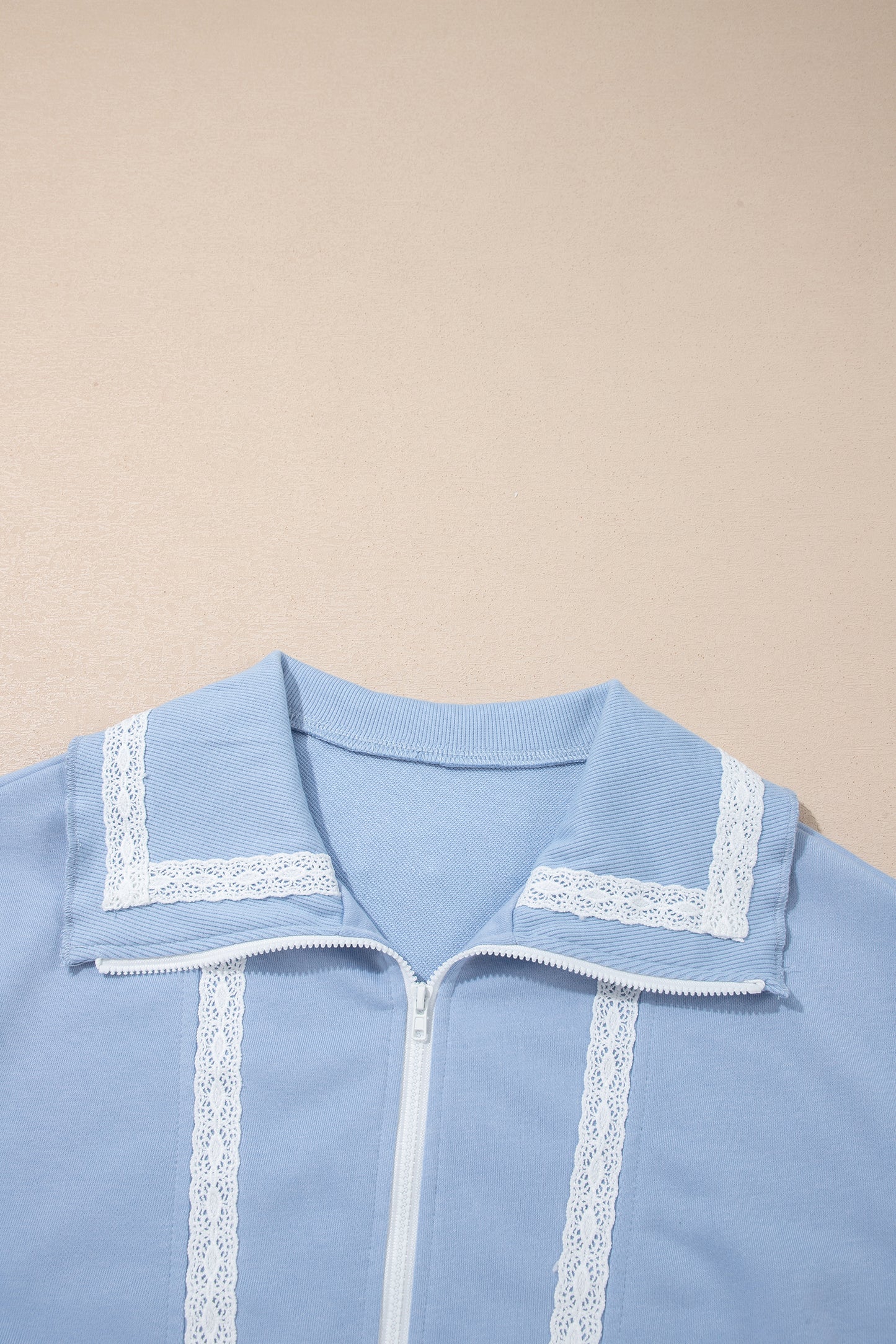 Sky Blue Lace Accent Zipped Collar Sweatpants Set