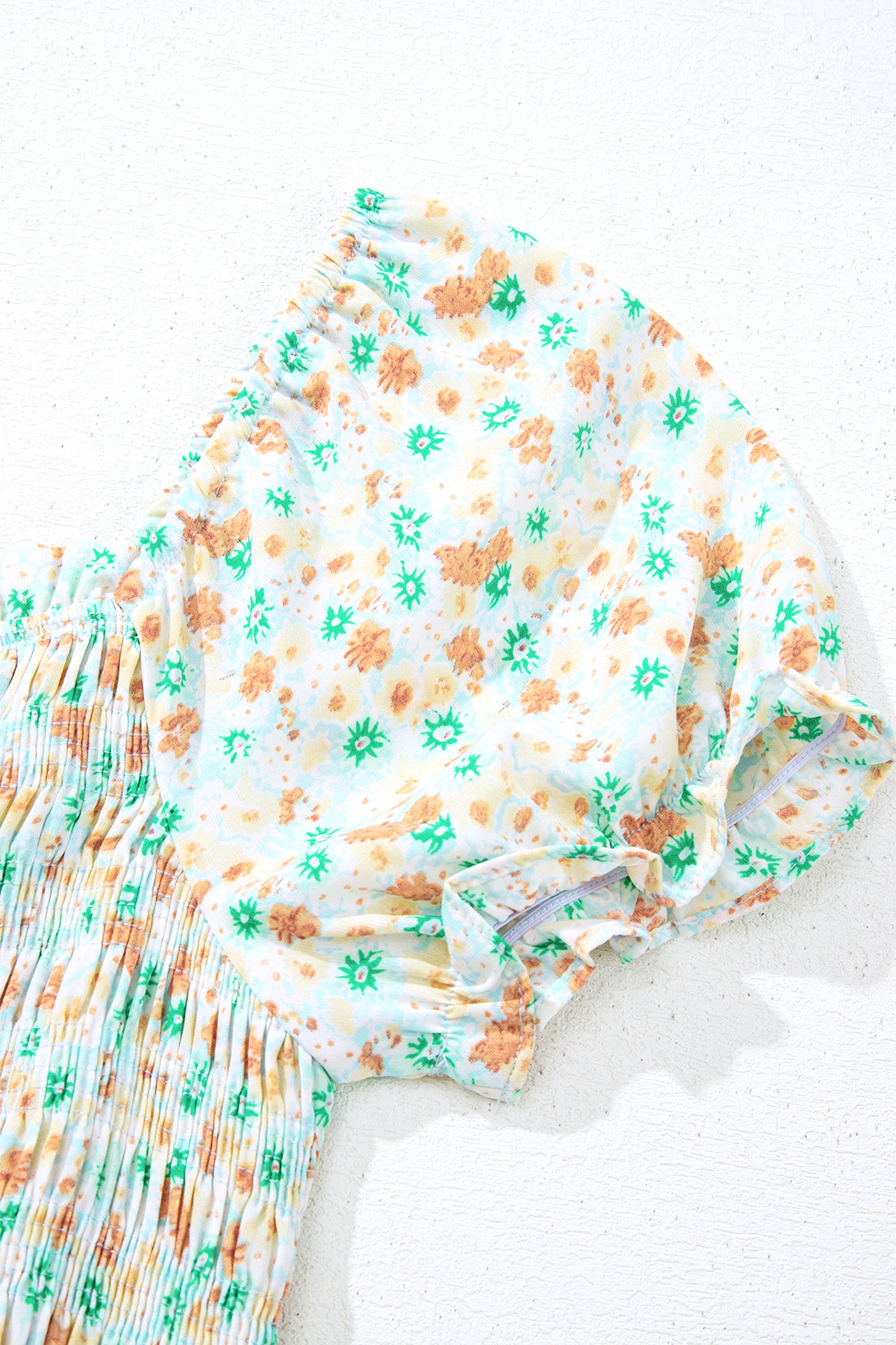 Floral Short Bubble Sleeve Shirred High Waist Maxi Dress