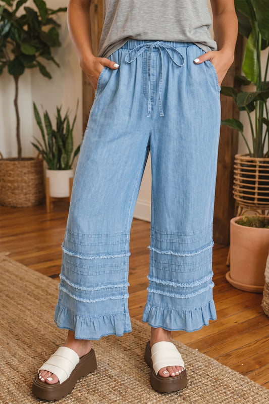 Ruffled Hem Wide Leg Chambray Pants