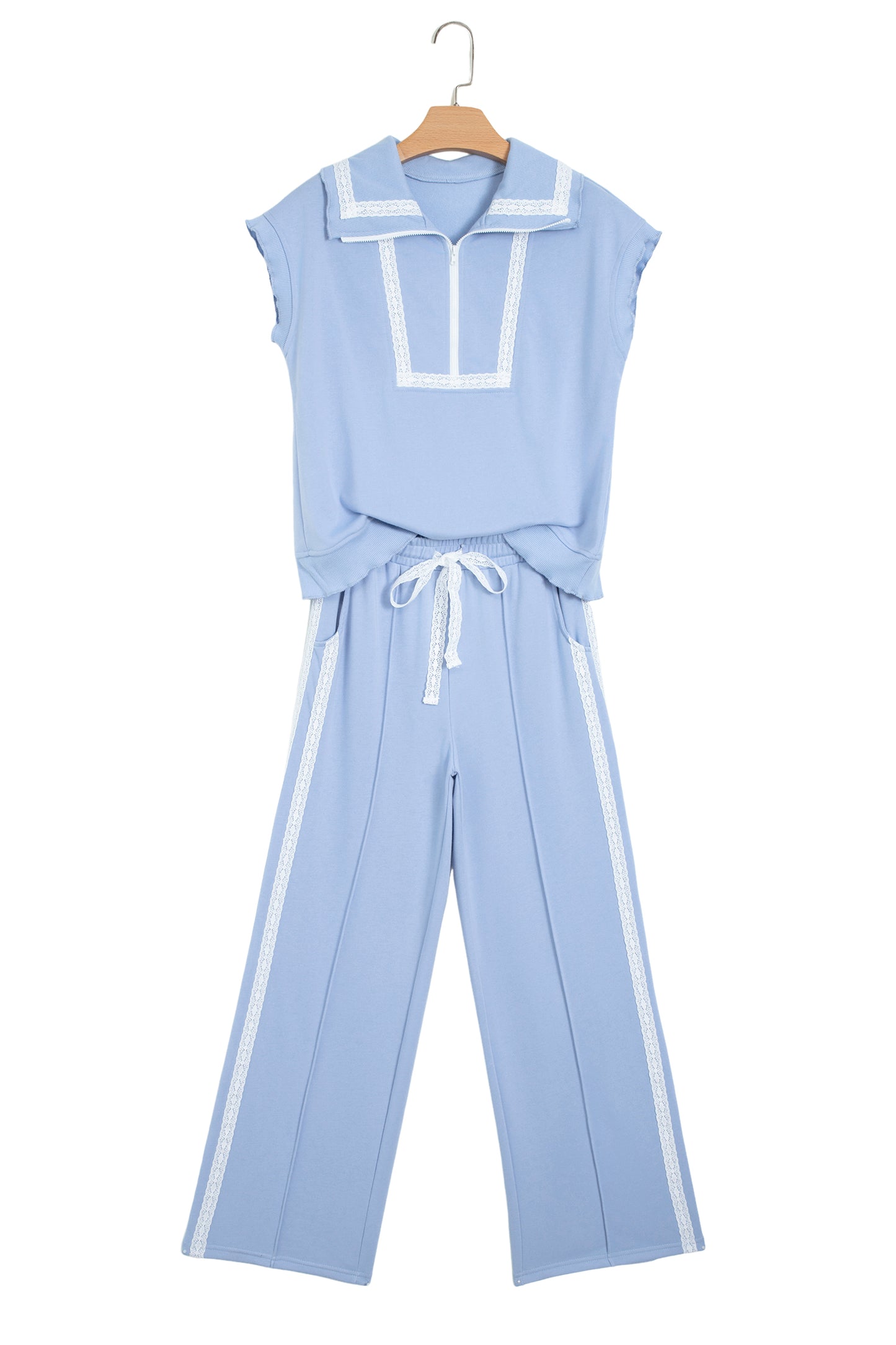 Sky Blue Lace Accent Zipped Collar Sweatpants Set