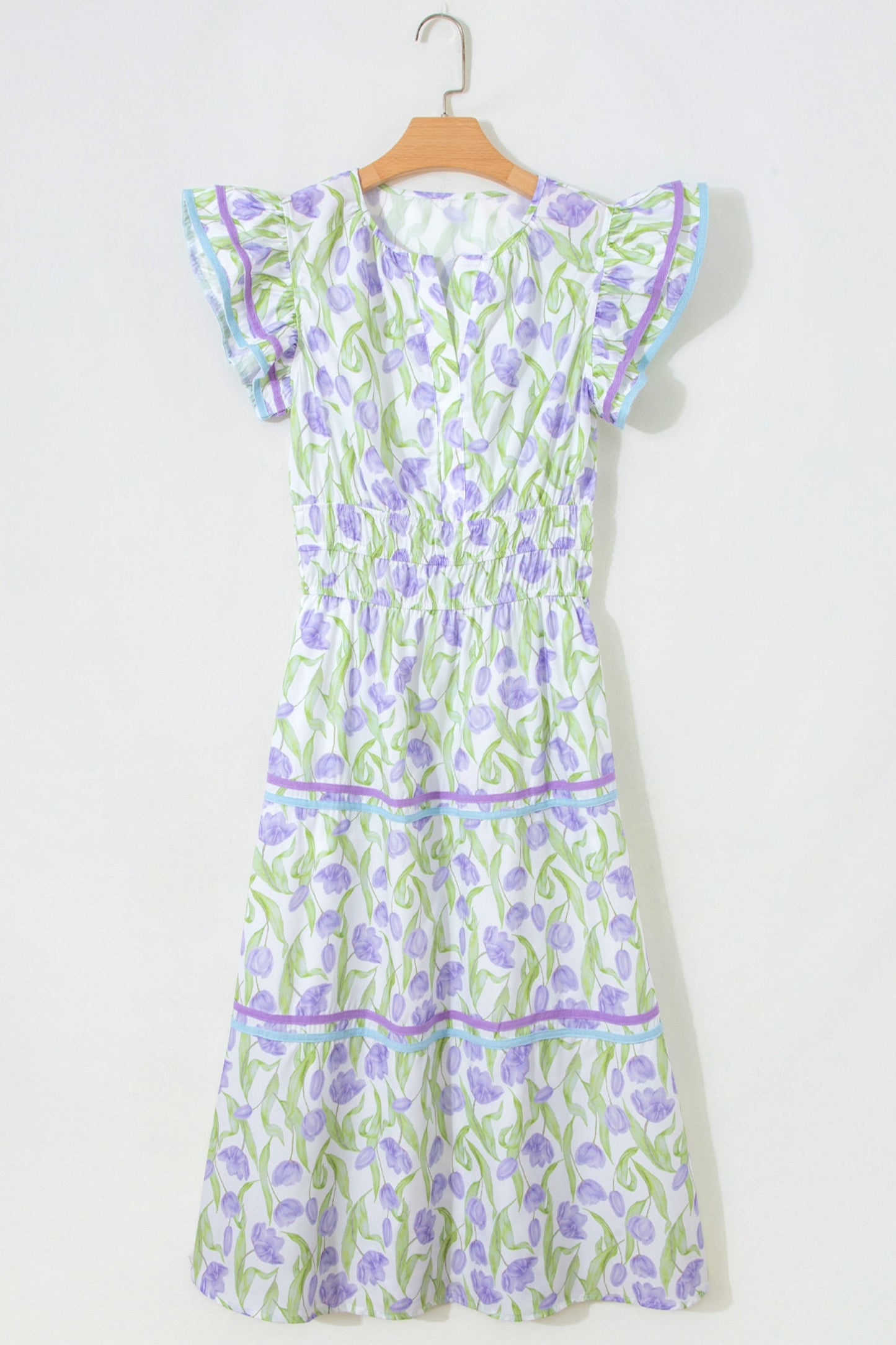 Purple Tulip Floral Print Contrast Trim Midi Dress