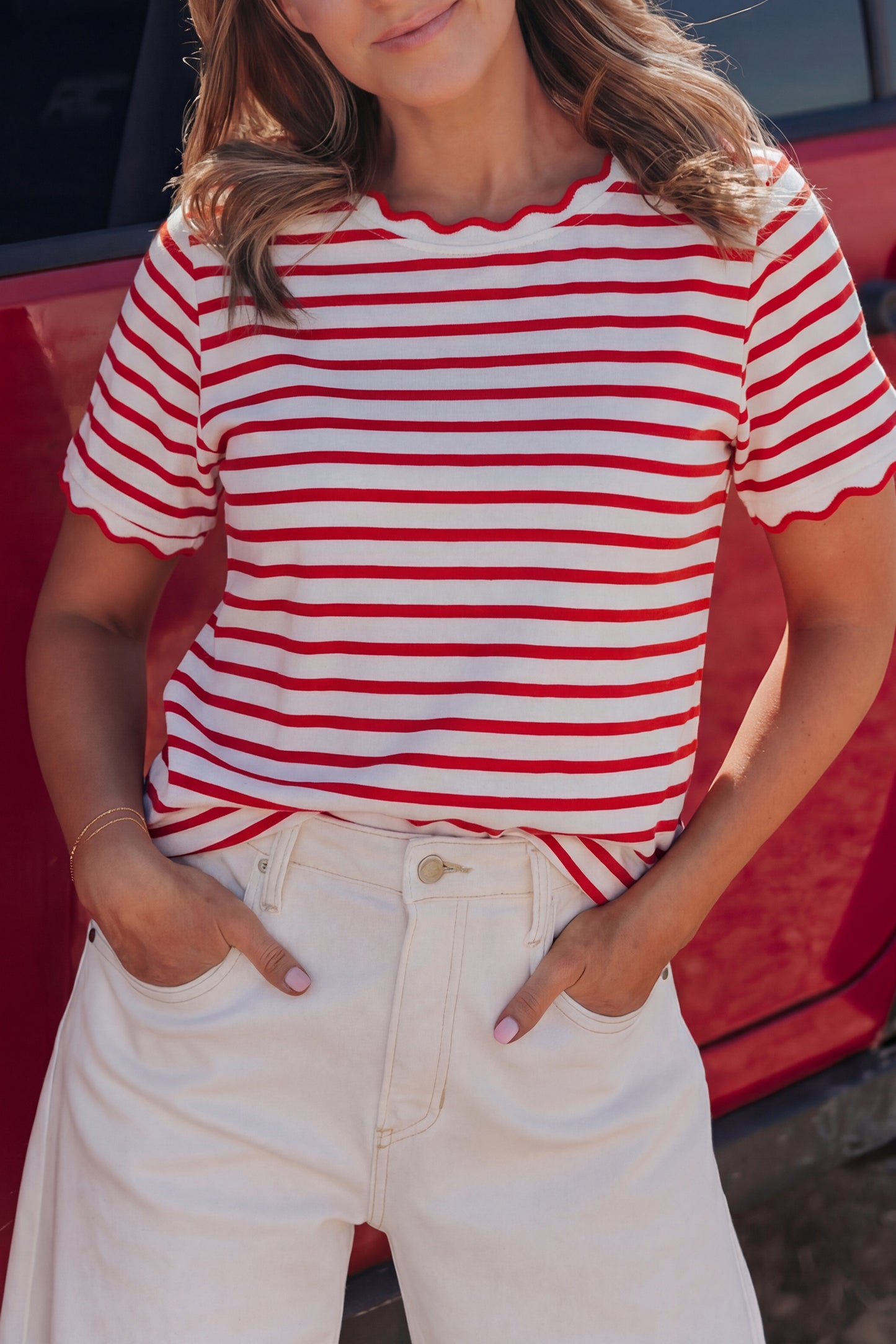 Pink Stripe Scalloped Trim Round Neck T Shirt