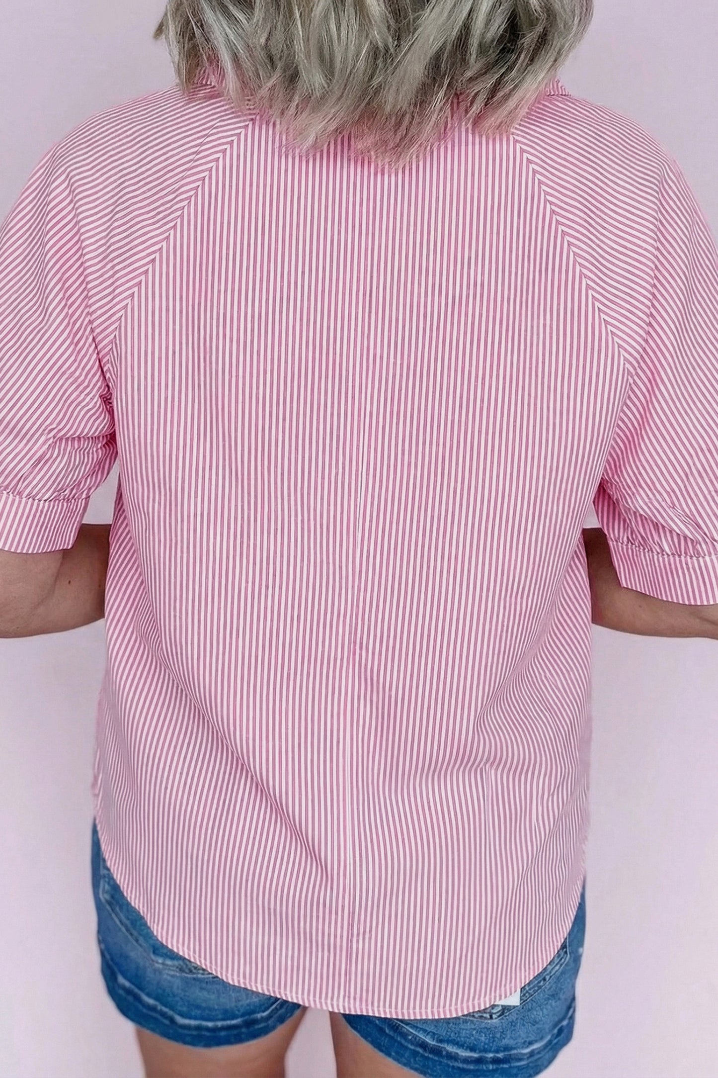 Striped Print Collared Split Neck Half Sleeve Blouse