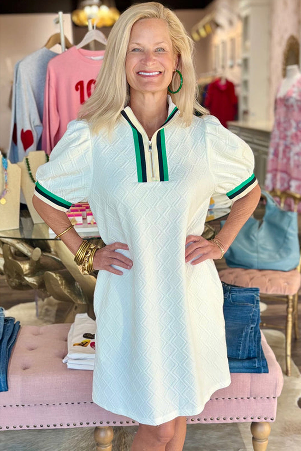 Textured Jacquard Colorblock Edge Puff Sleeve Quarter Zip Mini Dress