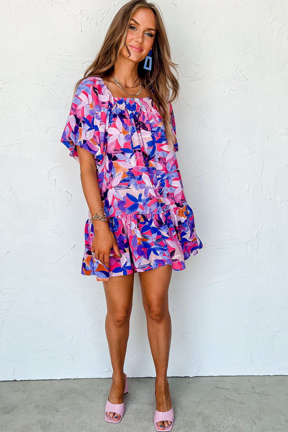 Flower Print Puff Sleeve Ruffled Dress