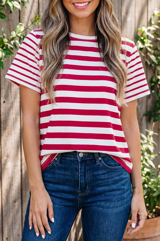 Red Stripe Patchwork Round Neck T Shirt