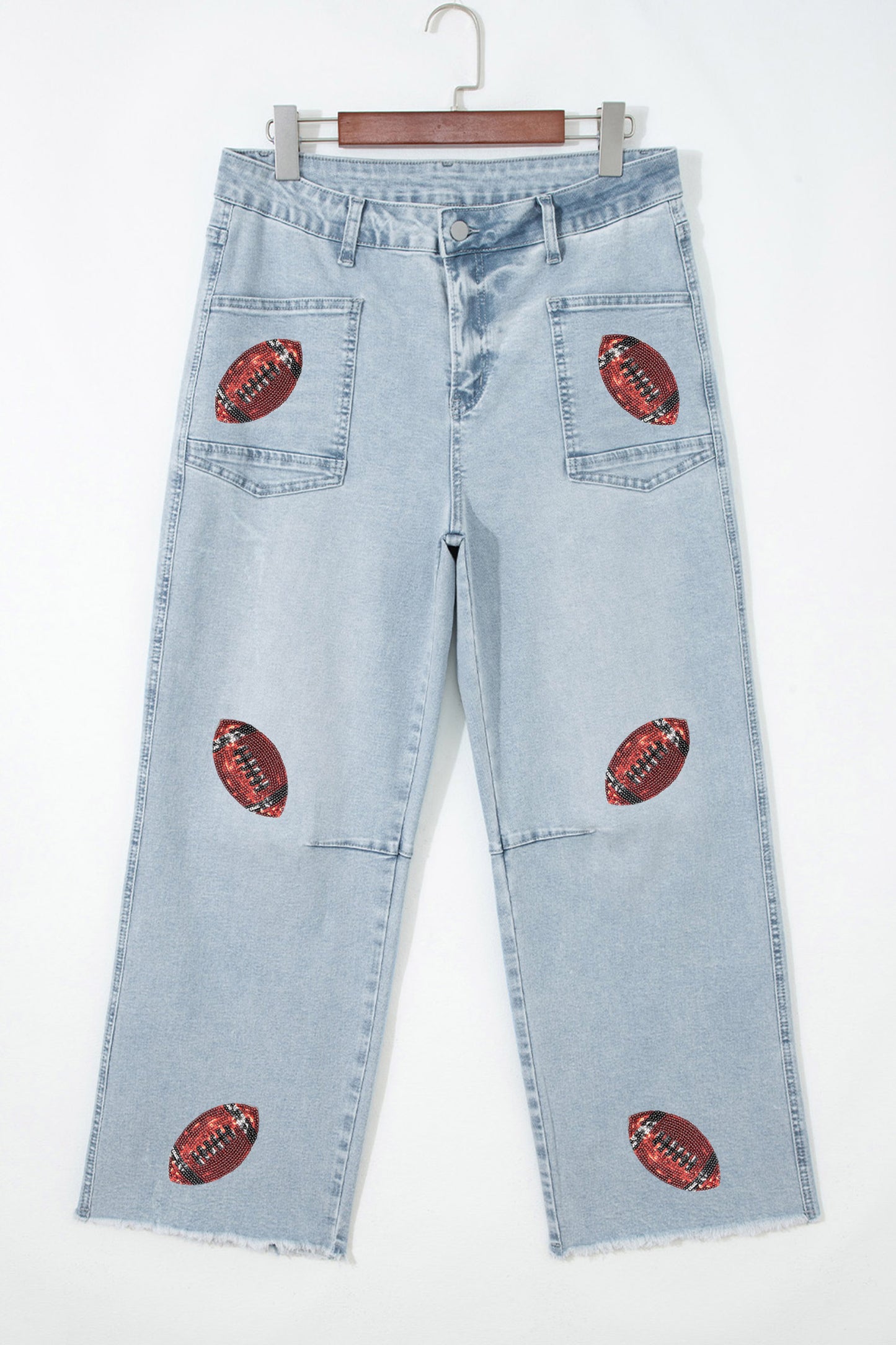 Sequin Football Pattern Raw Hem Jeans